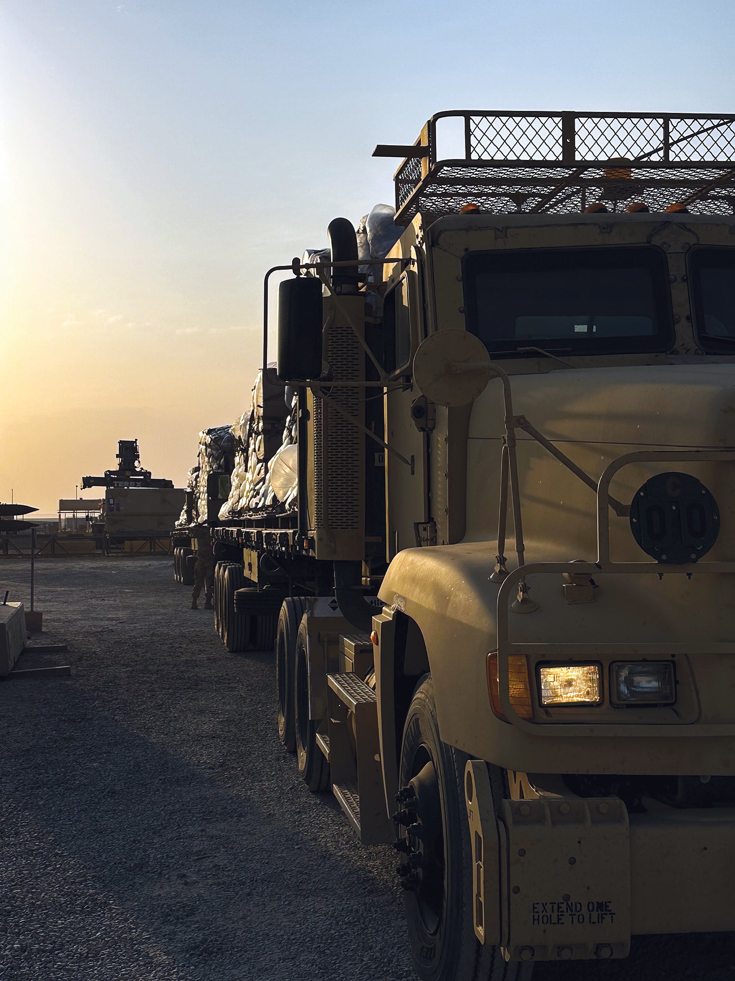 An Army Palletized Load System is used to move supplies to troops deployed at an undisclosed location. (Credit: U.S. Army/Sgt. Tanner Dibble)