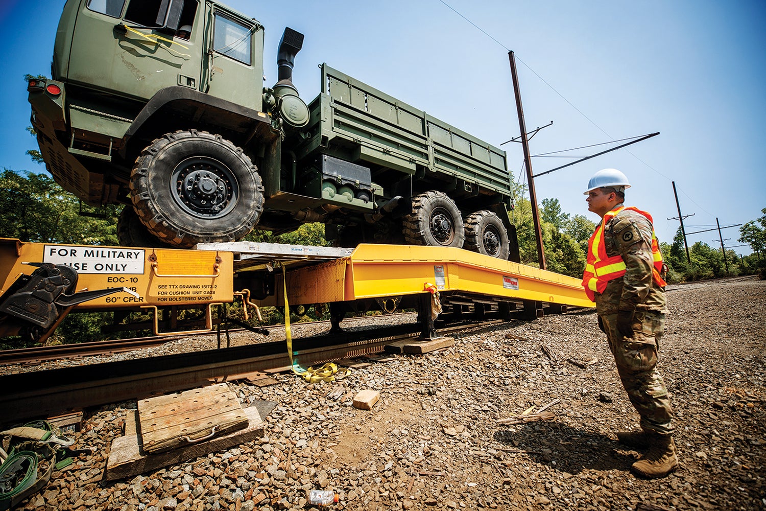 Below: A soldier with the New Jersey Army National Guard’s 44th Infantry Brigade Combat Team directs a vehicle onto a rail car in Morrisville, Pennsylvania. (Credit: Army National Guard/Spc. Michael Schwenk)