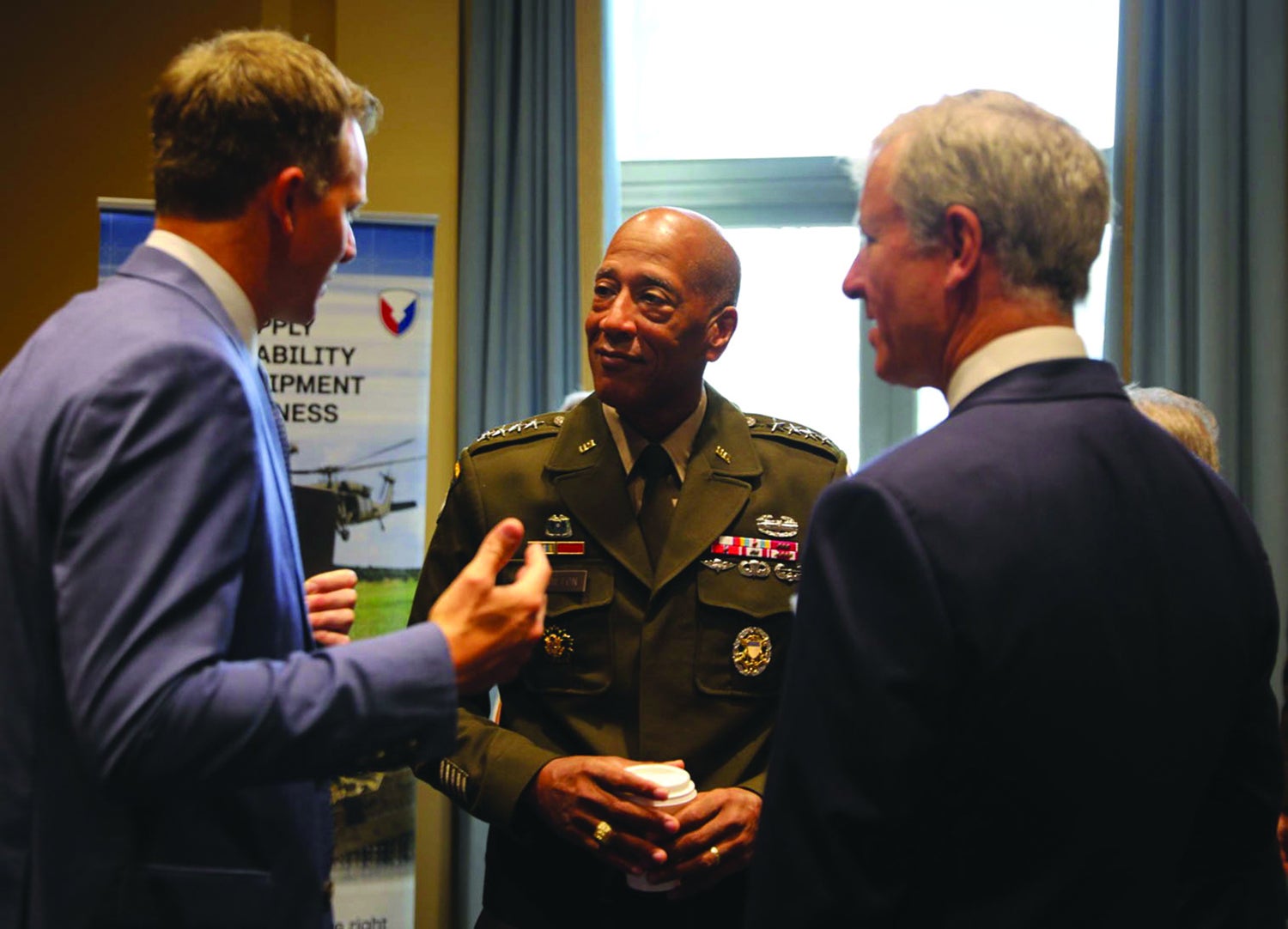 Gen. Charles Hamilton, center, commanding general of the U.S. Army Materiel Command, meets with lawmakers on Capitol Hill. (Credit: U.S. Army/Lindsay Grant)