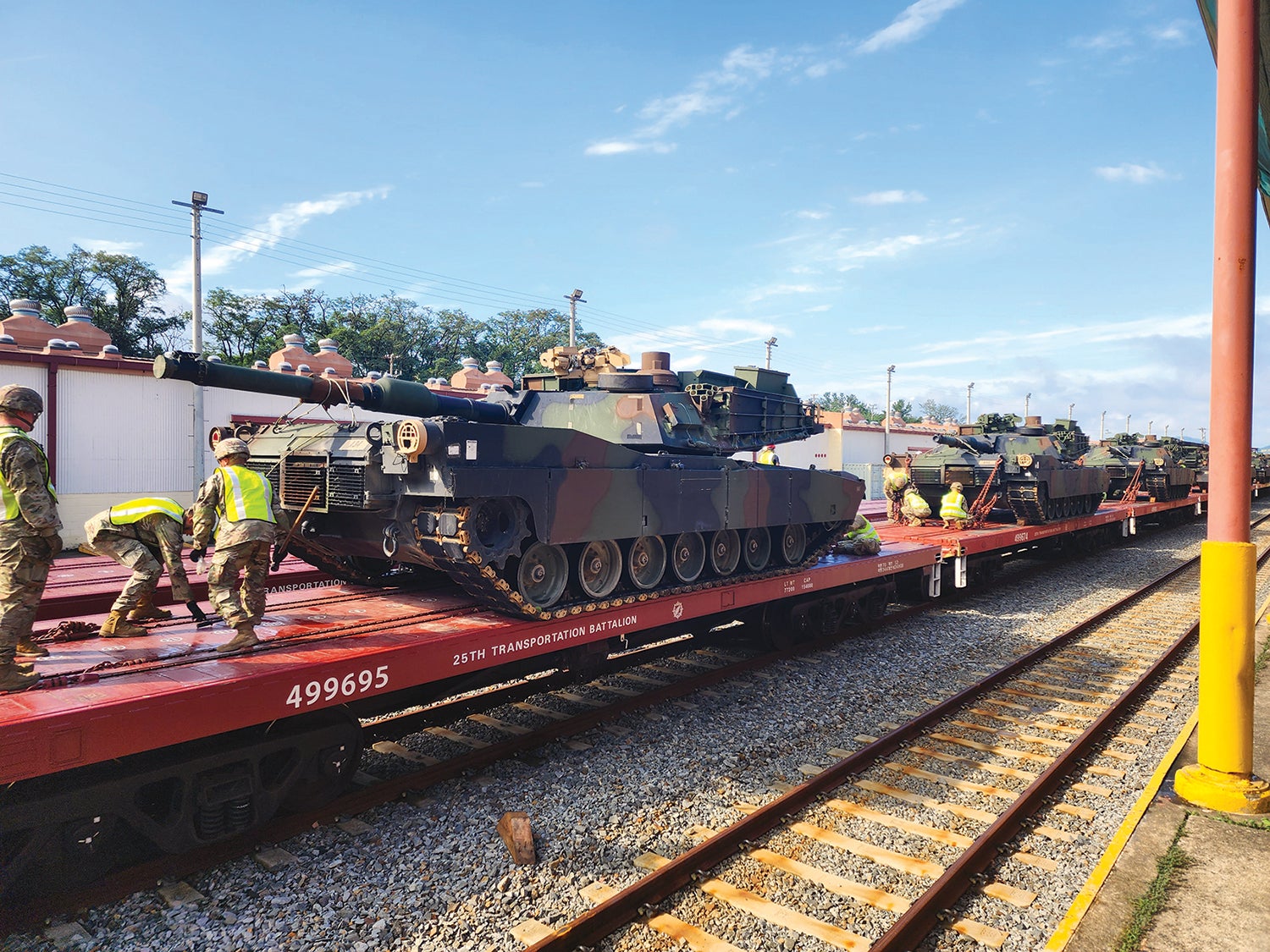 Soldiers from the 1st Battalion, 77th Armor Regiment, prepare equipment to be transported from Camp Carroll to Camp Casey, both in South Korea. (Credit: U.S. Army/Capt. Nathan Mumford)