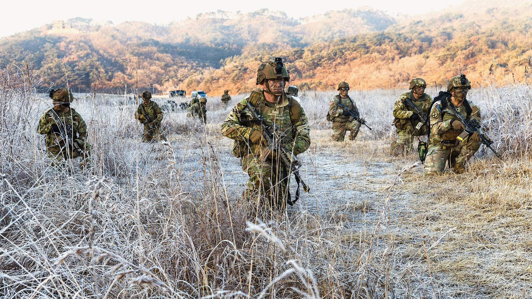 Soldiers with the 2nd Stryker Brigade Combat Team, 4th Infantry Division, pull security during an exercise at Rodriguez Live Fire Complex, South Korea. (Credit: U.S. Army Reserve/Sgt. Alexander Kelly)