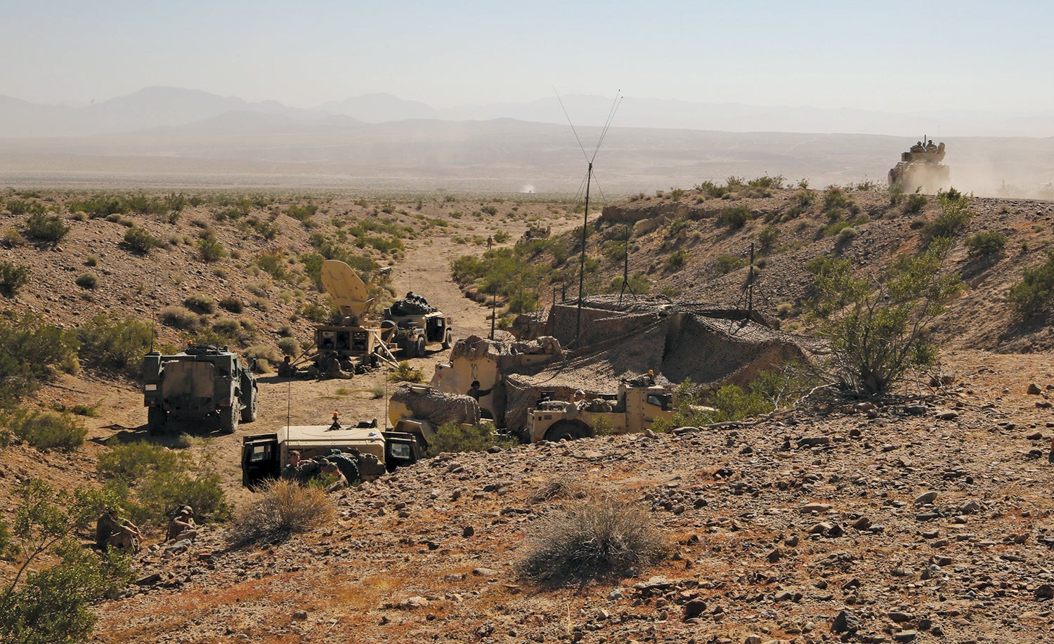 The command post of the 4th Squadron, 10th Cavalry Regiment, as set up at the National Training Center, Fort Irwin, California. (Credit: U.S. Army)