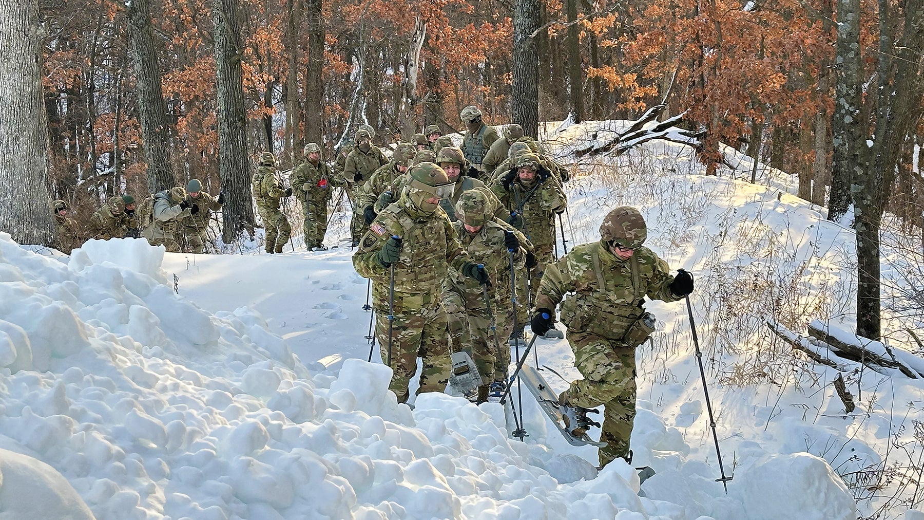 Soldiers from the U.S. Army Reserve’s 88th Readiness Division train on snowshoes at Fort McCoy, Wisconsin. (Credit: U.S. Army Reserve/Christopher Hanson)