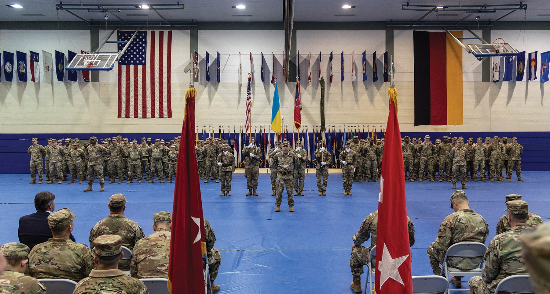 The Mississippi Army National Guard’s 155th Armored Brigade Combat Team takes over the Joint Multinational Training Group-Ukraine mission from the Arkansas Army National Guard’s 39th Infantry Brigade Combat Team during a ceremony in Grafenwoehr, Germany. (Credit: U.S. Army/2nd Lt. Jarvis Mace)