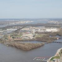 An aerial view of the Rock Island Arsenal taken by helicopter in 2015 looking east.