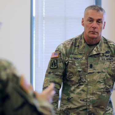 Command Sgt. Maj. Andrew Lombardo, the Army Reserve’s senior enlisted leader, listens to a soldier