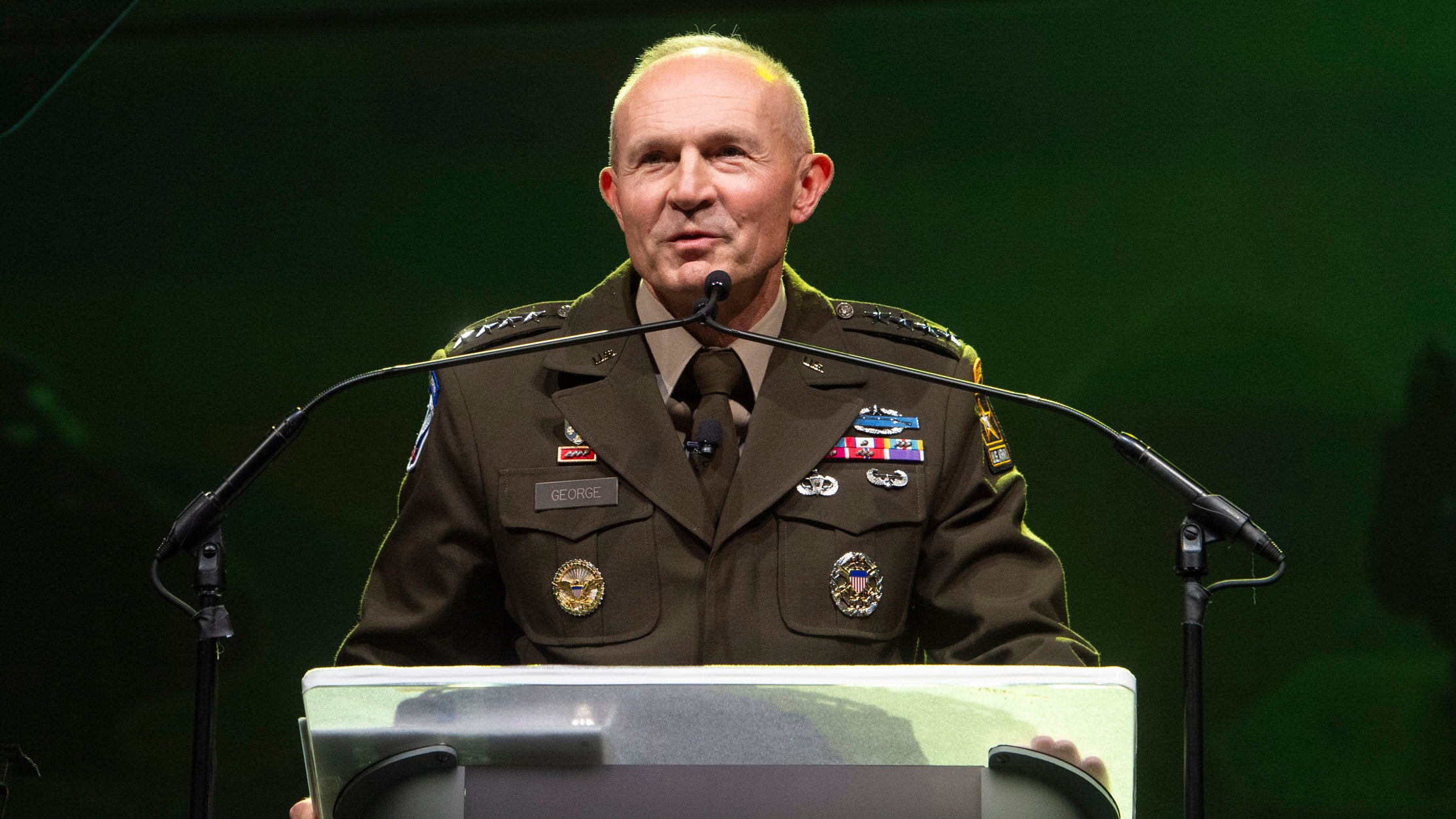 Chief of Staff of the Army Gen. Randy A. George speaks at the Dwight D. Eisenhower Luncheon at the AUSA 2023 Annual Meeting in Washington, D.C., Tuesday, Oct. 10, 2023. (Rod Lamkey for AUSA)