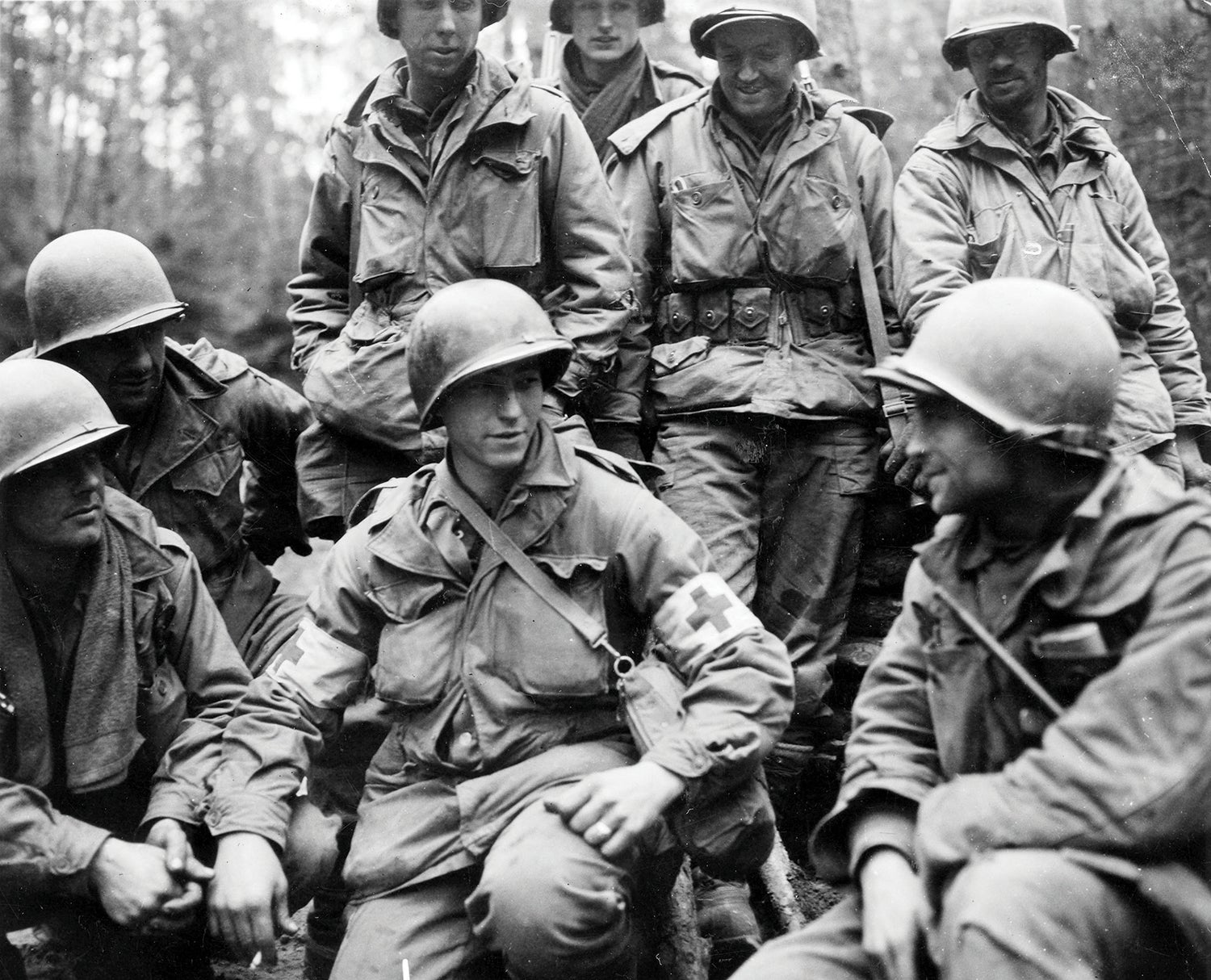 Soldiers from the 313th Infantry Regiment, 79th Infantry Division, regroup after a fierce battle near Lauterbourg, France, in December 1944. (Credit: National Archives)
