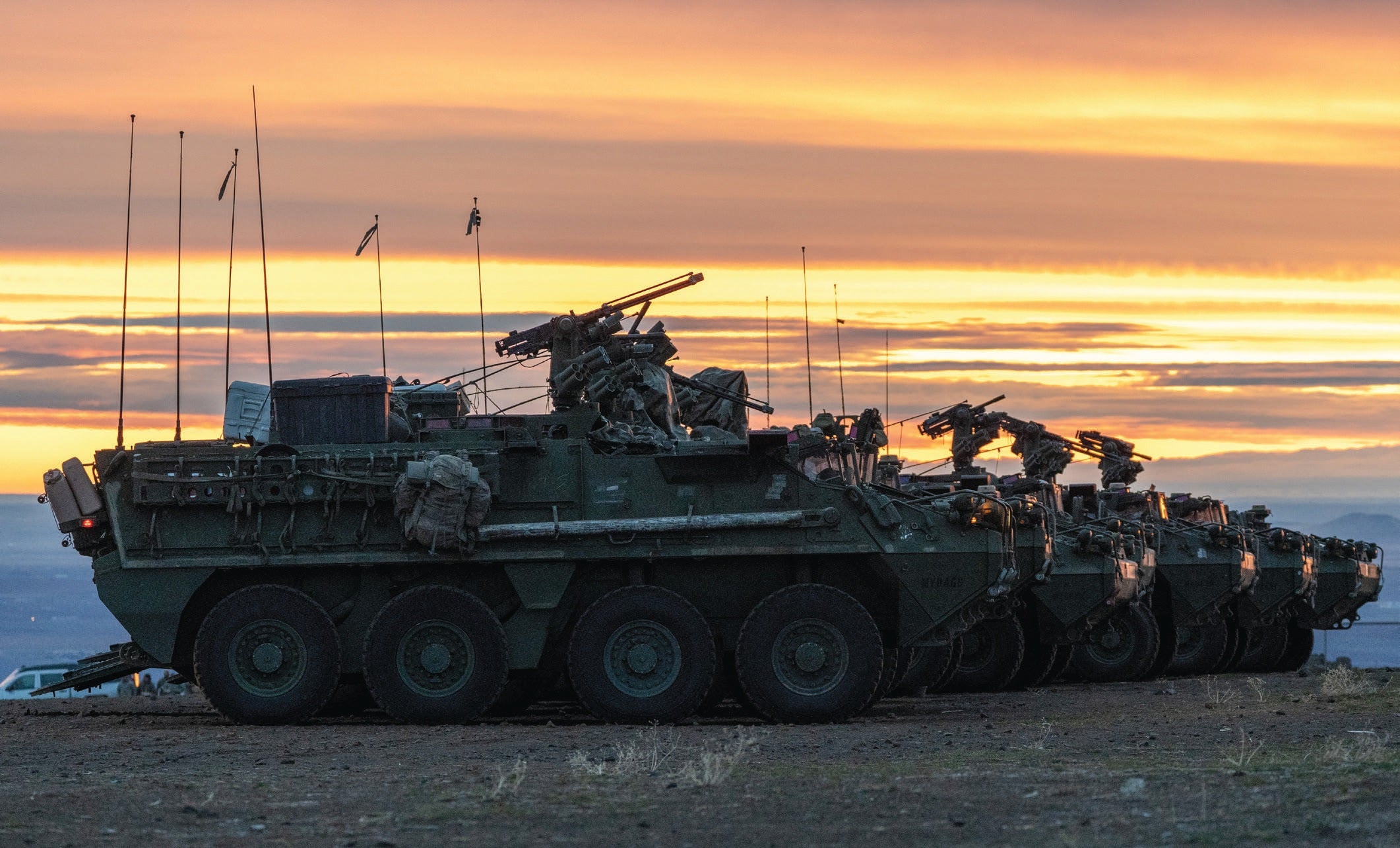 Stryker combat vehicles from the 2nd Brigade Combat Team, 2nd Infantry Division, are lined up before an exercise at Yakima Training Center, Washington. (Credit: U.S. Army/Capt. Cortland Henderson)