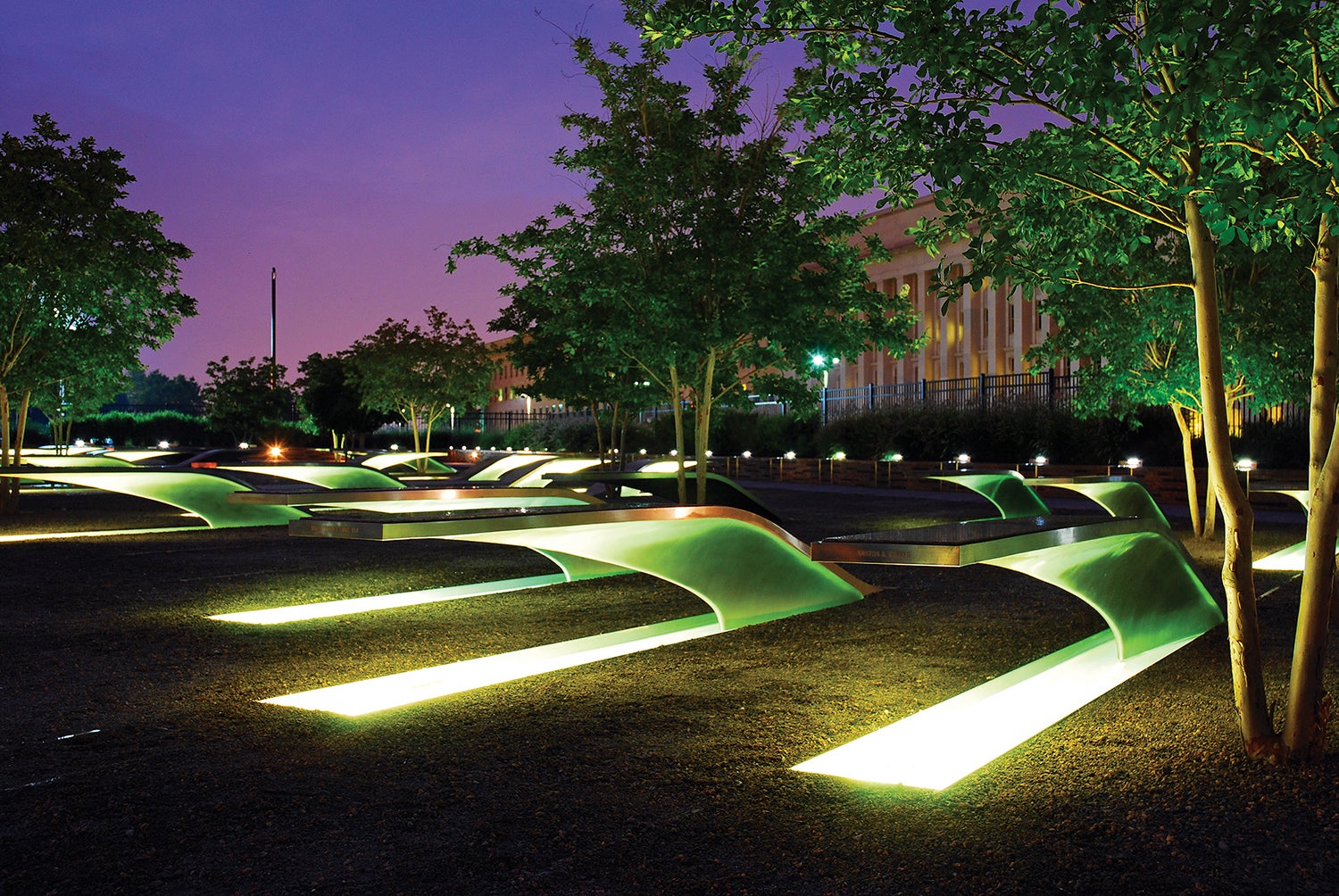 Lighted benches are part of the memorial commemorating lives lost at the Pentagon and aboard Flight 77 during the Sept. 11, 2001, terrorist attacks.