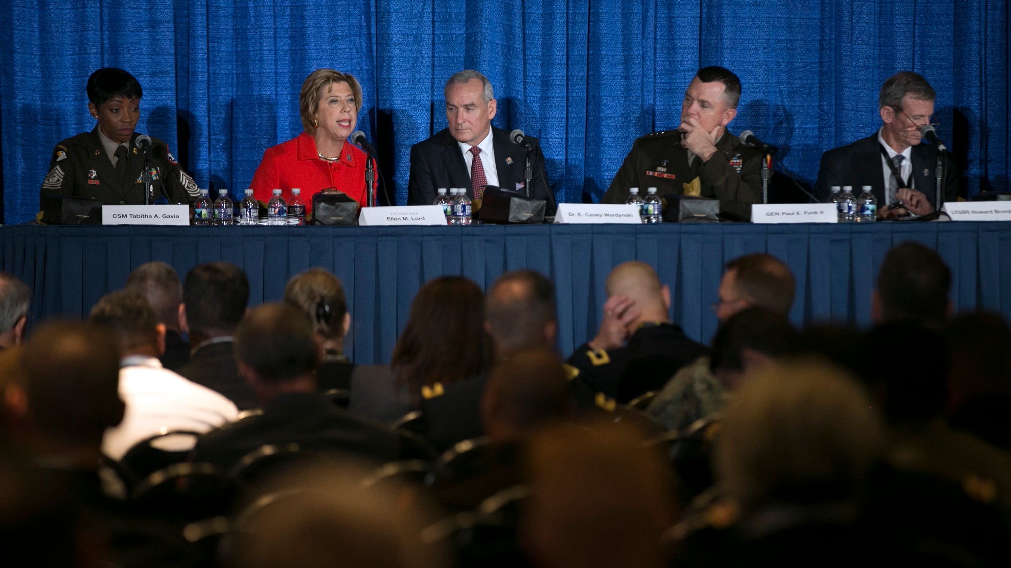 The Army is People session at the 2019 AUSA Annual Meeting and Exposition at the Washington Convention Center on Oct. 14, 2019.  Session speakers from left: CSM Tabitha Gavia; Ellen Lord; Dr. E. Casey Wardynski; Gen. Paul Funk, and LTG Howard Bromberg.
