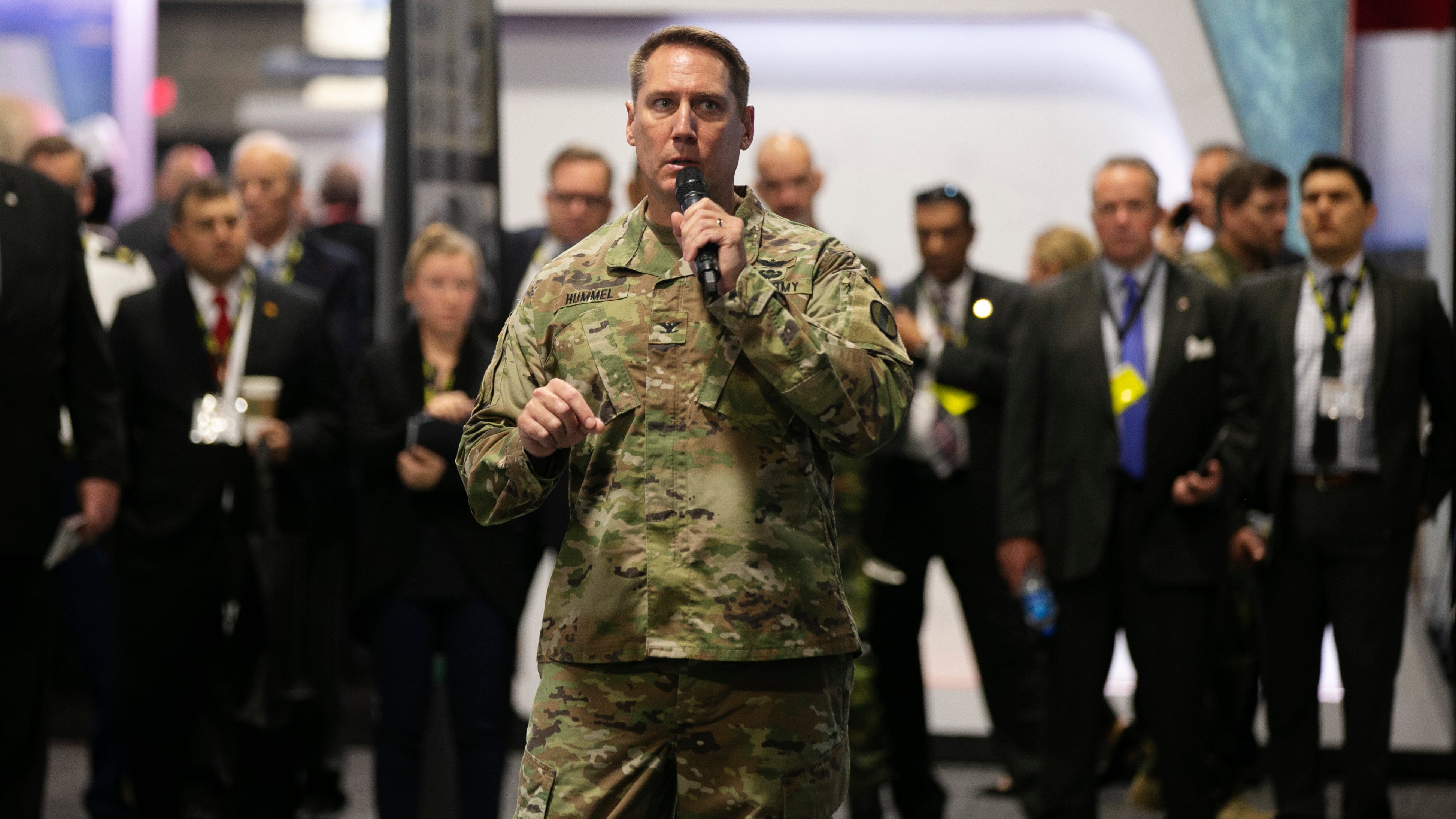 Col. Timothy Hummel, from U.S. Army Training and Doctrine Command, addresses attendees at a Warriors Corner session titled “Developing Leaders for Multidomain Operations” during the 2019 AUSA Annual Meeting and Exposition on Oct. 14, 2019.