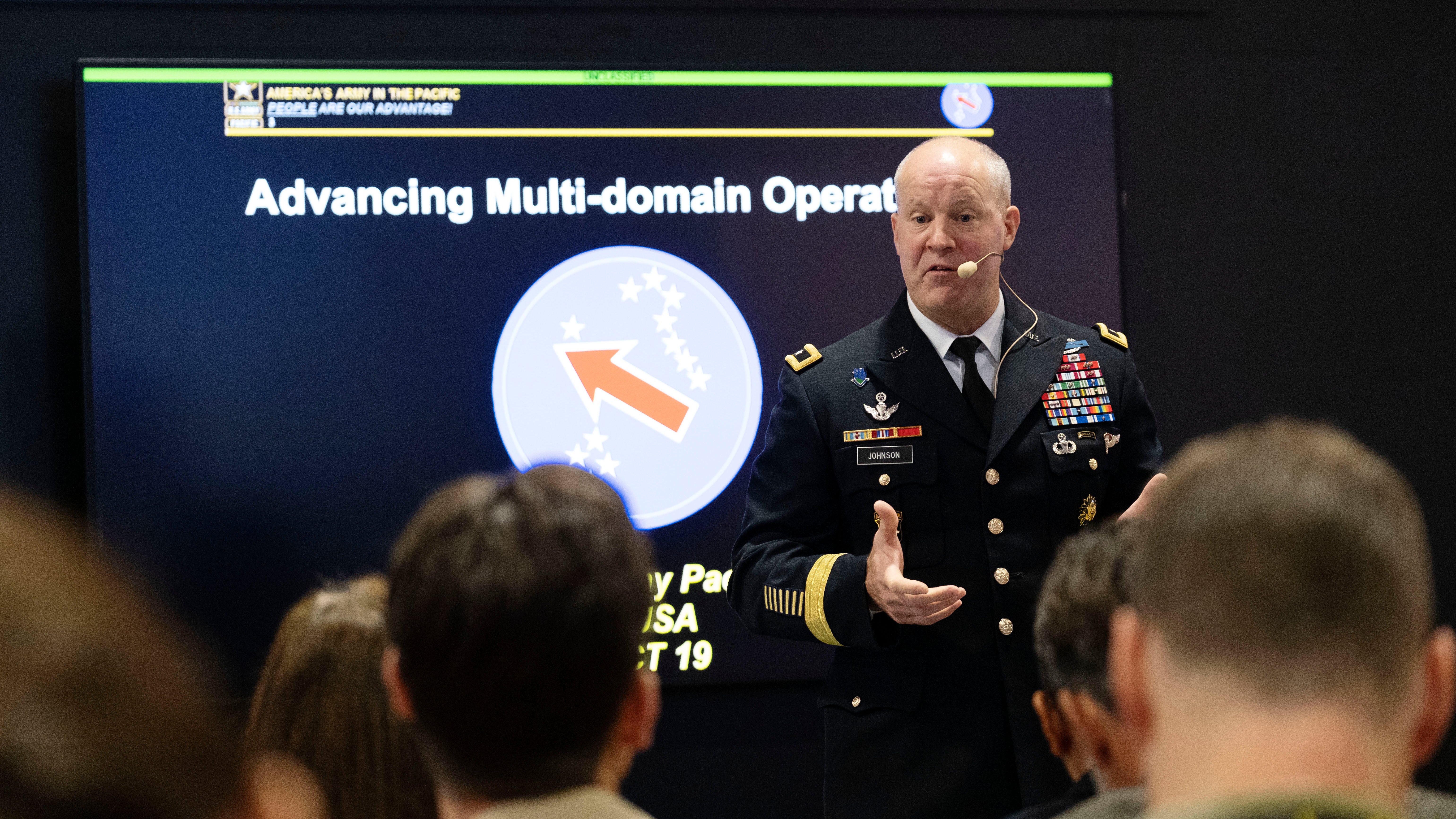 MG John Johnson addresses attendees at the Multi-Domain Operations Theory into Practice: Years of Lessons forum at the 2019 AUSA Annual Meeting and Exposition at the Washington Convention Center on Oct. 16, 2019.