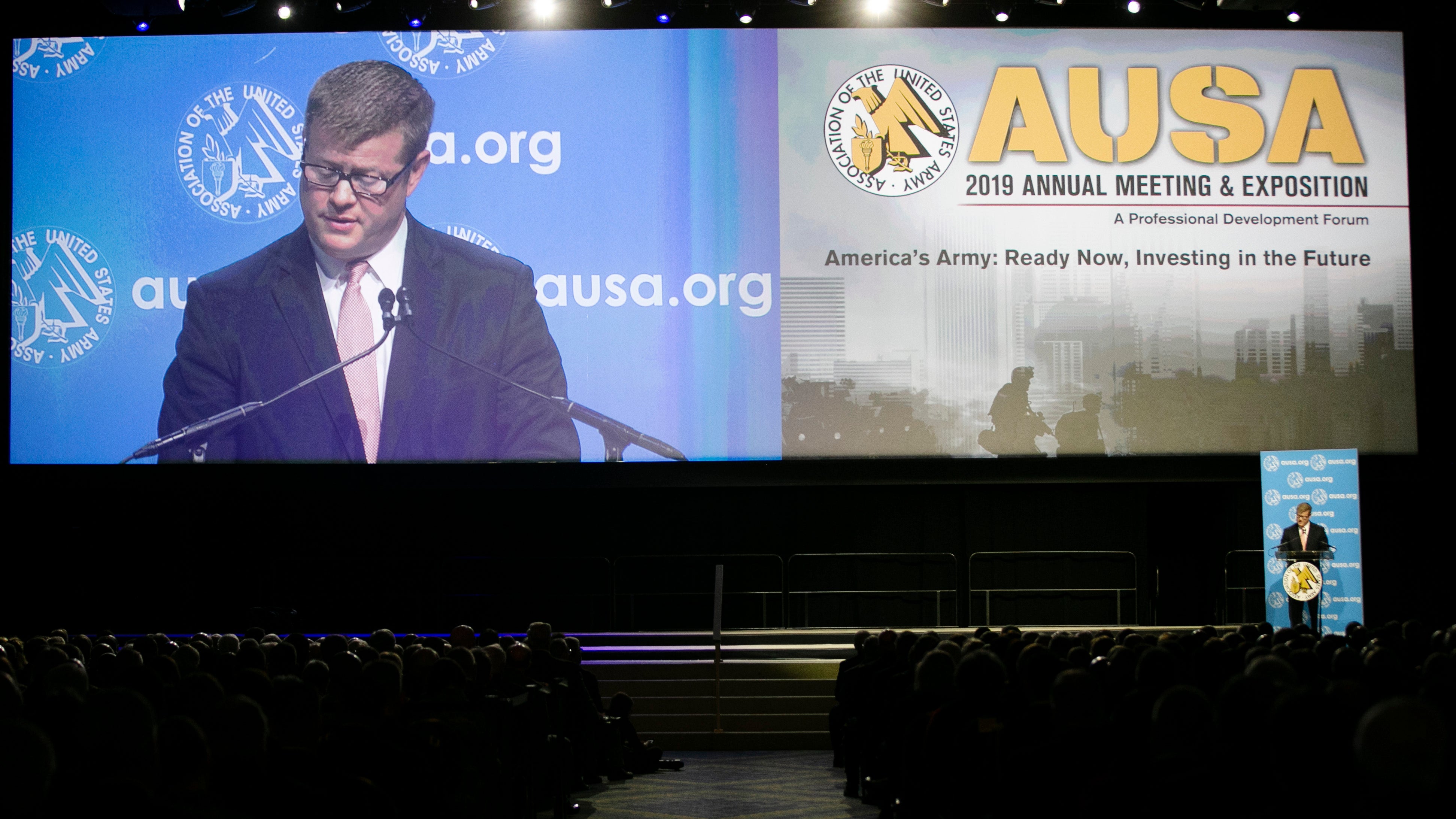 Secretary of the Army Hon. Ryan D. McCarthy addresses the opening ceremony of the 2019 AUSA Annual Meting and Exposition at the Washington Convention Center on Oct. 14, 2019.