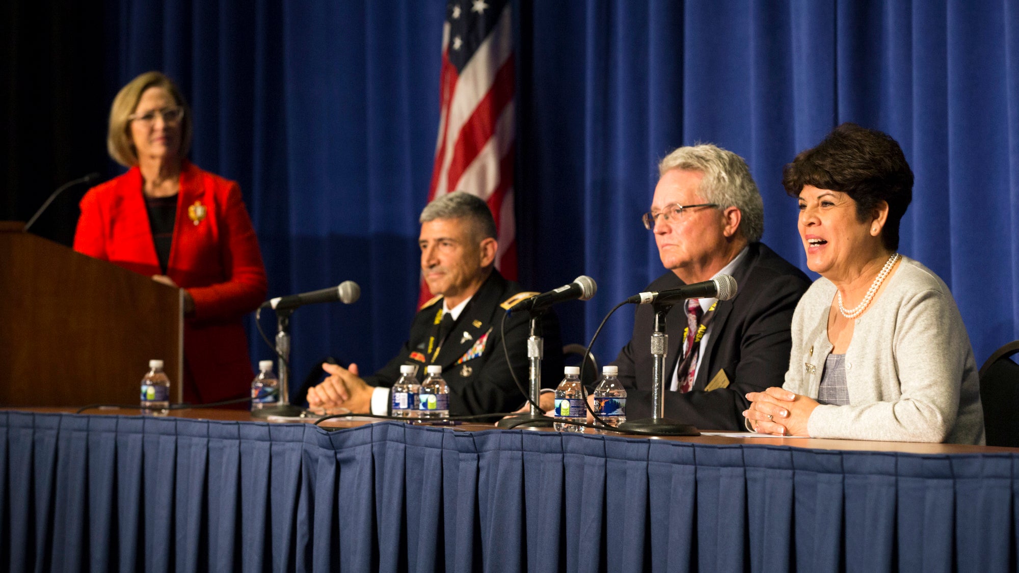 Patty Barron, Director of Family Readiness, speaks Oct. 14, 2019, during a family forum at the 2019 AUSA Annual Meeting and Exposition. Other panelists include retired Lt. Gen. Patricia Horoho, Col. Steve Lewis and Robert McCartney.