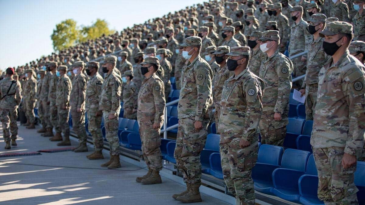 Soldiers stand in formation at Fort Hood, Texas.