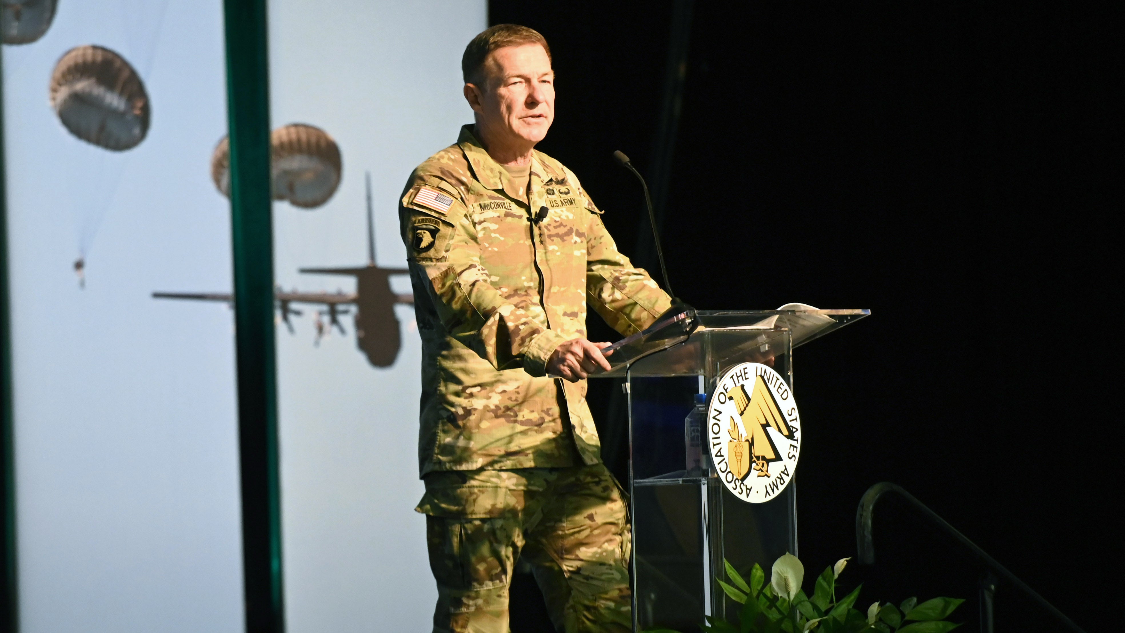 Army Chief of Staff James McConville speaks to AUSA Warfighter attendees