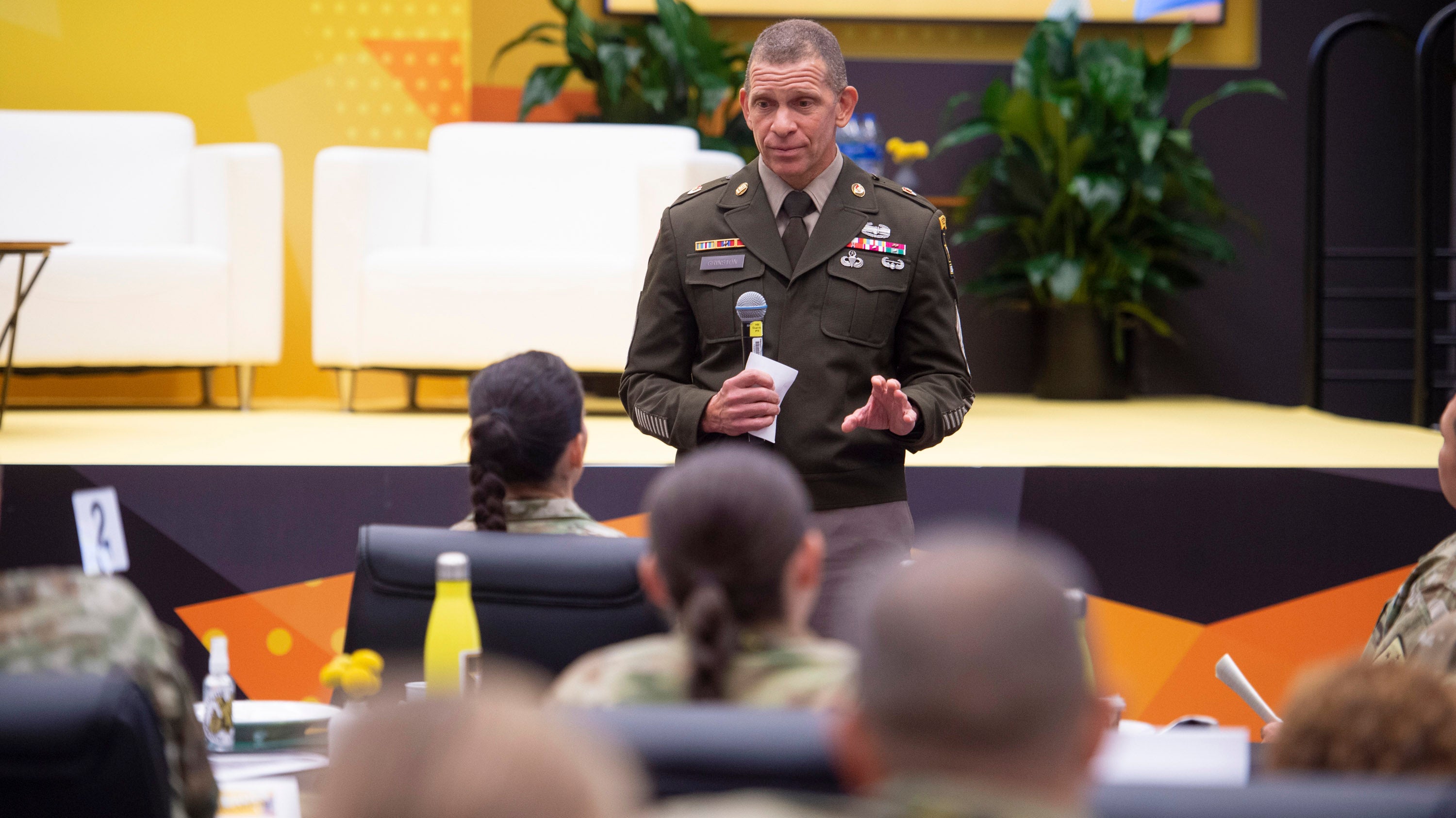 Sergeant Major of the Army Michael Grinston speaks at the Leader Solarium at AUSA 2022 Annual Meeting in Washington, D.C., Tuesday, Oct. 11, 2022. (Rod Lamkey for AUSA)