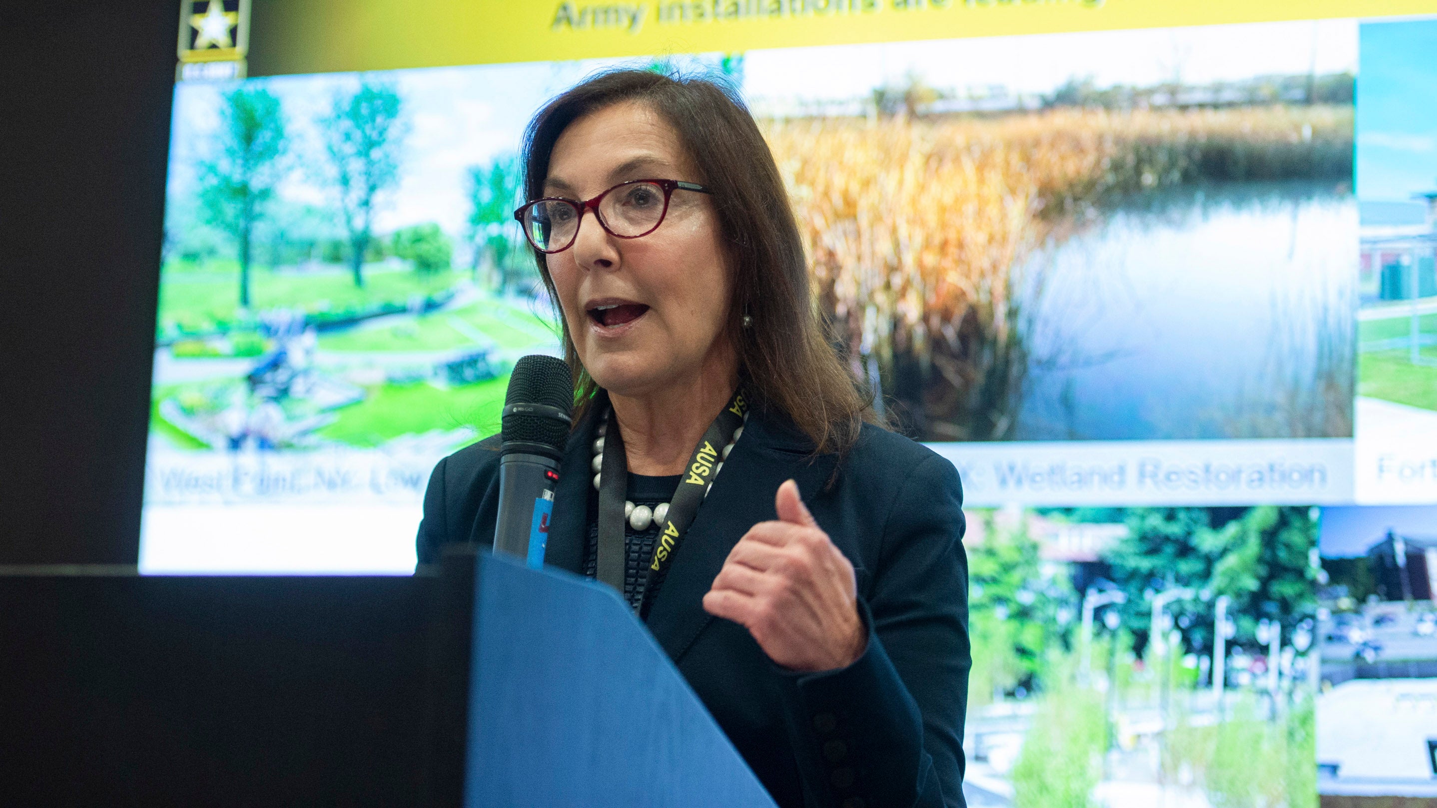 Rachel Jacobson, Assistant Secretary of the Army for Installations, Energy and Environment, speaks about water resilience at the Warriors Corner  during the AUSA 2022 Annual Meeting in Washington, D.C., Tuesday, Oct. 11, 2022. (Rod Lamkey for AUSA)