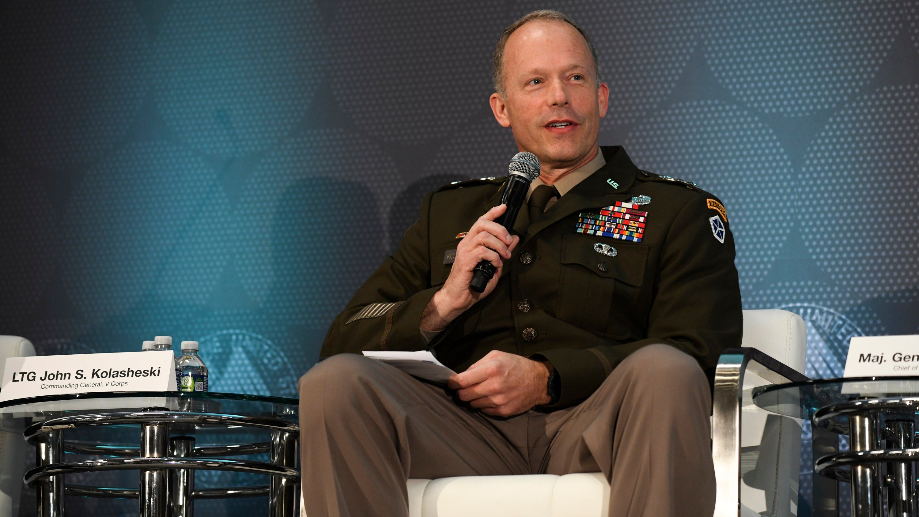 Lt. Gen. John Kolasheski, commander of V Corps, speaks during the AUSA Contemporary Military Forum: Landpower - The Contested European Theater session at the AUSA 2022 Annual Meeting in Washington, D.C., Wednesday, Oct. 12, 2022. (Carol Guzy for AUSA)