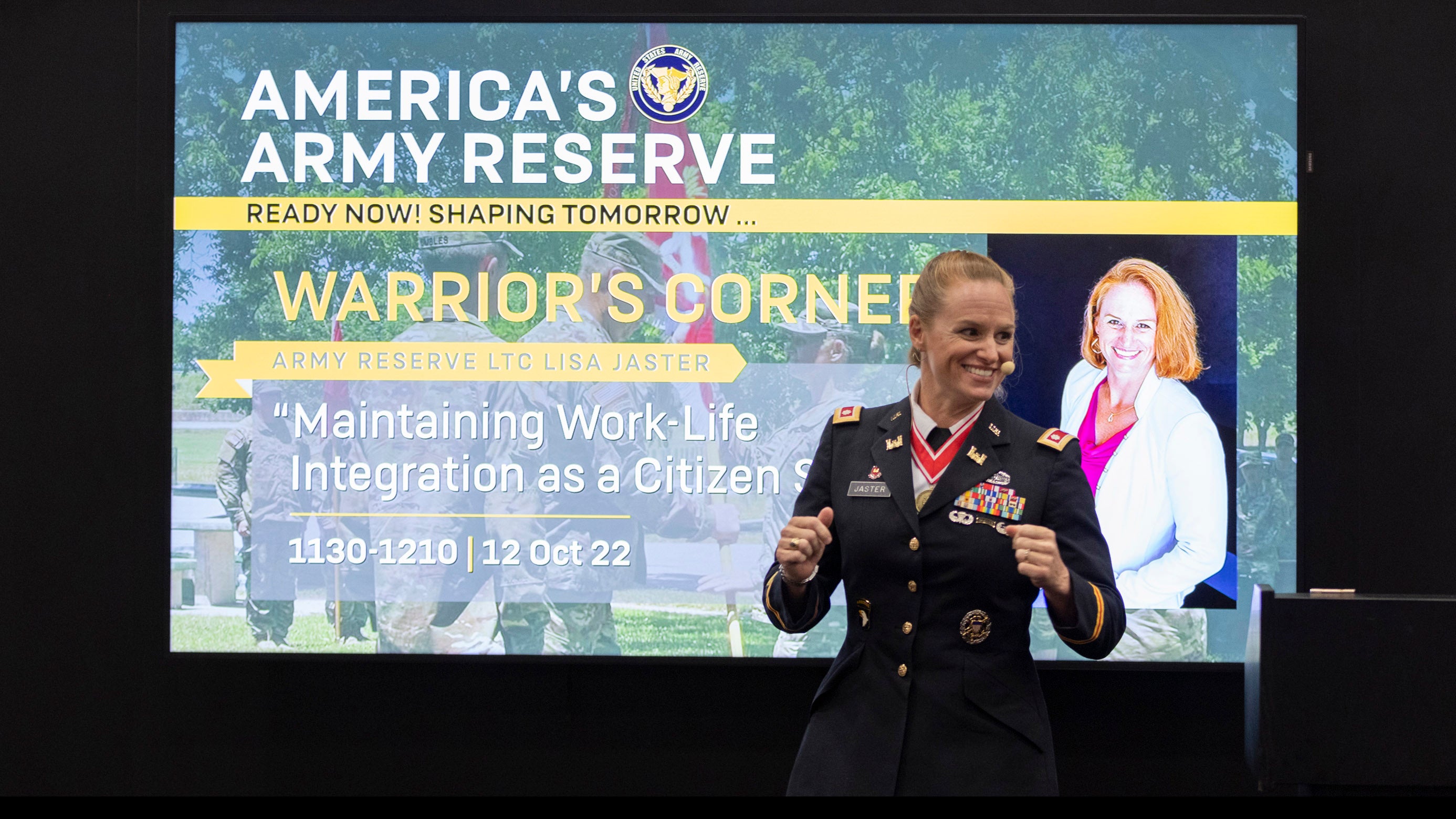 Lt. Col. Lisa Jaster speaks at the Warriors Corner about work-life balance at the AUSA 2022 Annual Meeting in Washington, D.C., Wednesday, Oct. 12, 2022. (Tasos Katopodis for AUSA)