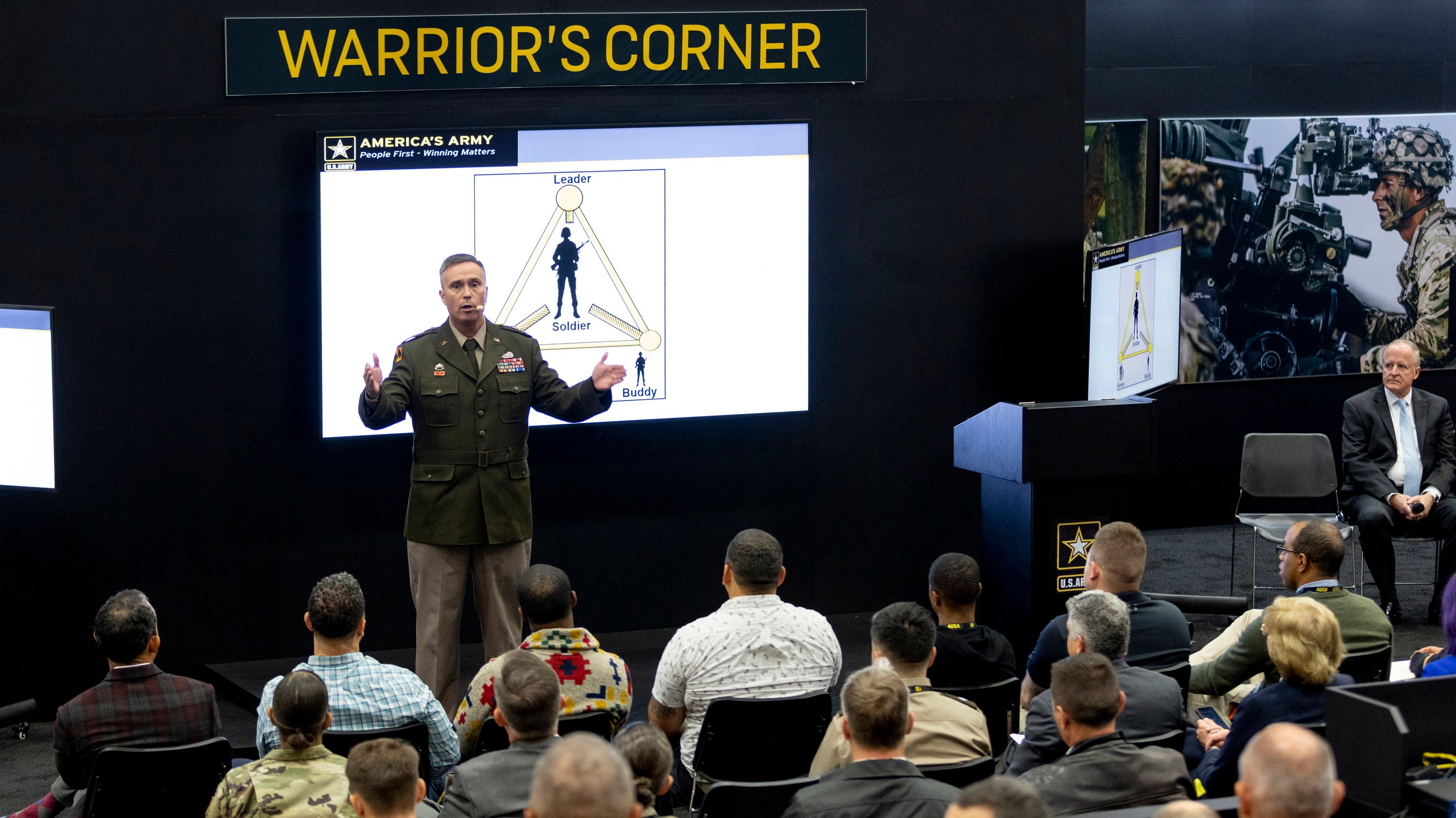 Maj. Gen. Christopher Norrie, director of the People First Task Force, speaks during the People First and Prevention session at the Warriors Corner at the AUSA 2022 Annual Meeting in Washington, D.C., Wednesday, Oct. 12, 2022. (Tasos Katopodis for AUSA)