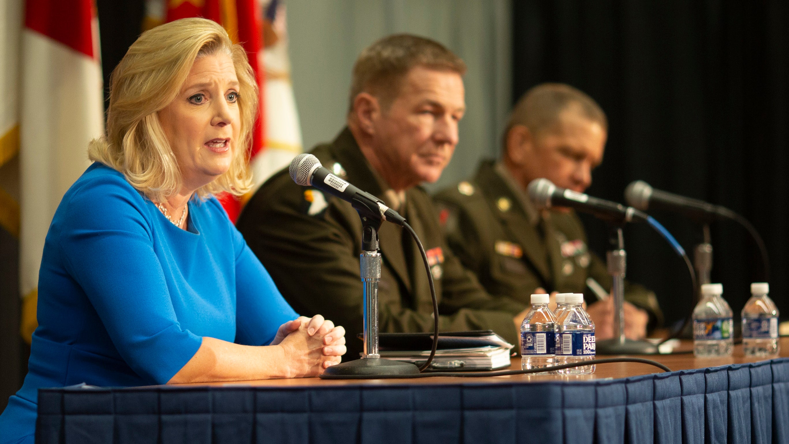 Secretary of the Army Christine Wormuth, Chief of Staff of the Army Gen. James McConville and Sergeant Major of the Army Michael Grinston take questions during a press conference at AUSA 2022 Annual Meeting in Washington, D.C., Monday, Oct. 10, 2022. (Mike Morones for AUSA)