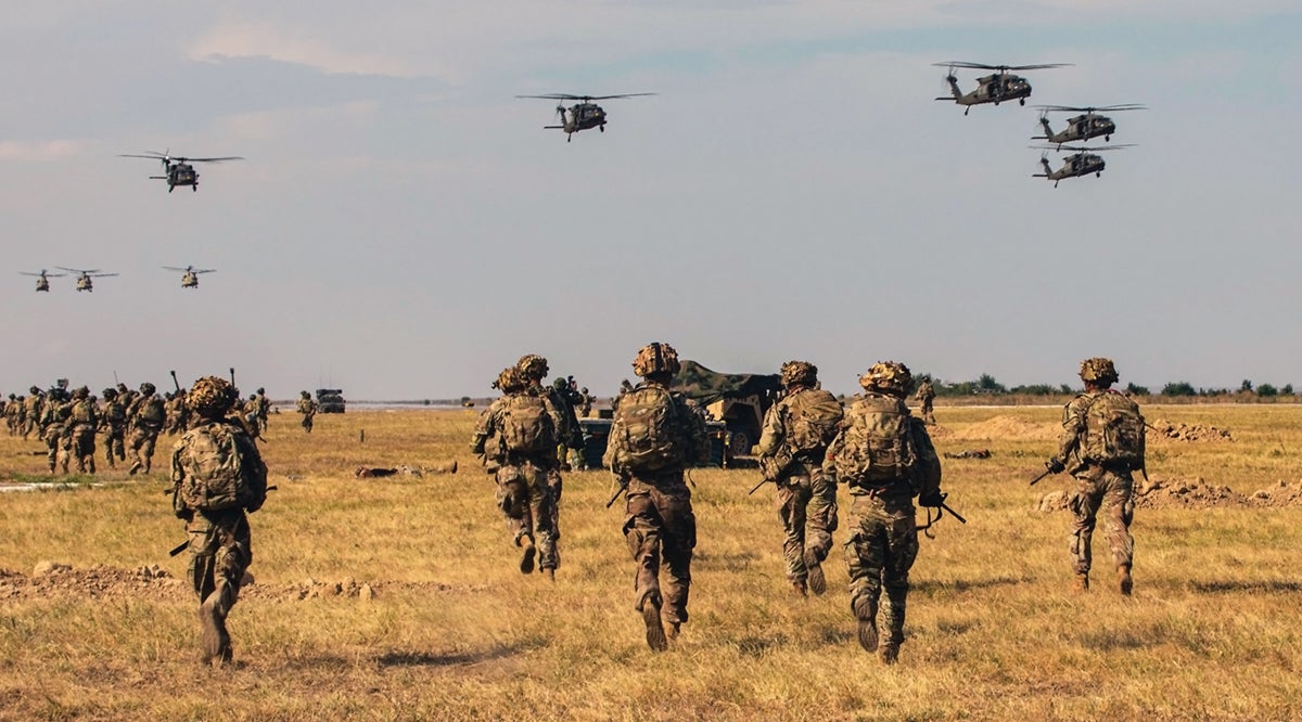 Soldiers, UH-60 Blackhawks and CH-47 Chinooks demonstrate air assault capabilities in Mihail Kogalniceanu, Romania, July 30, 2022.