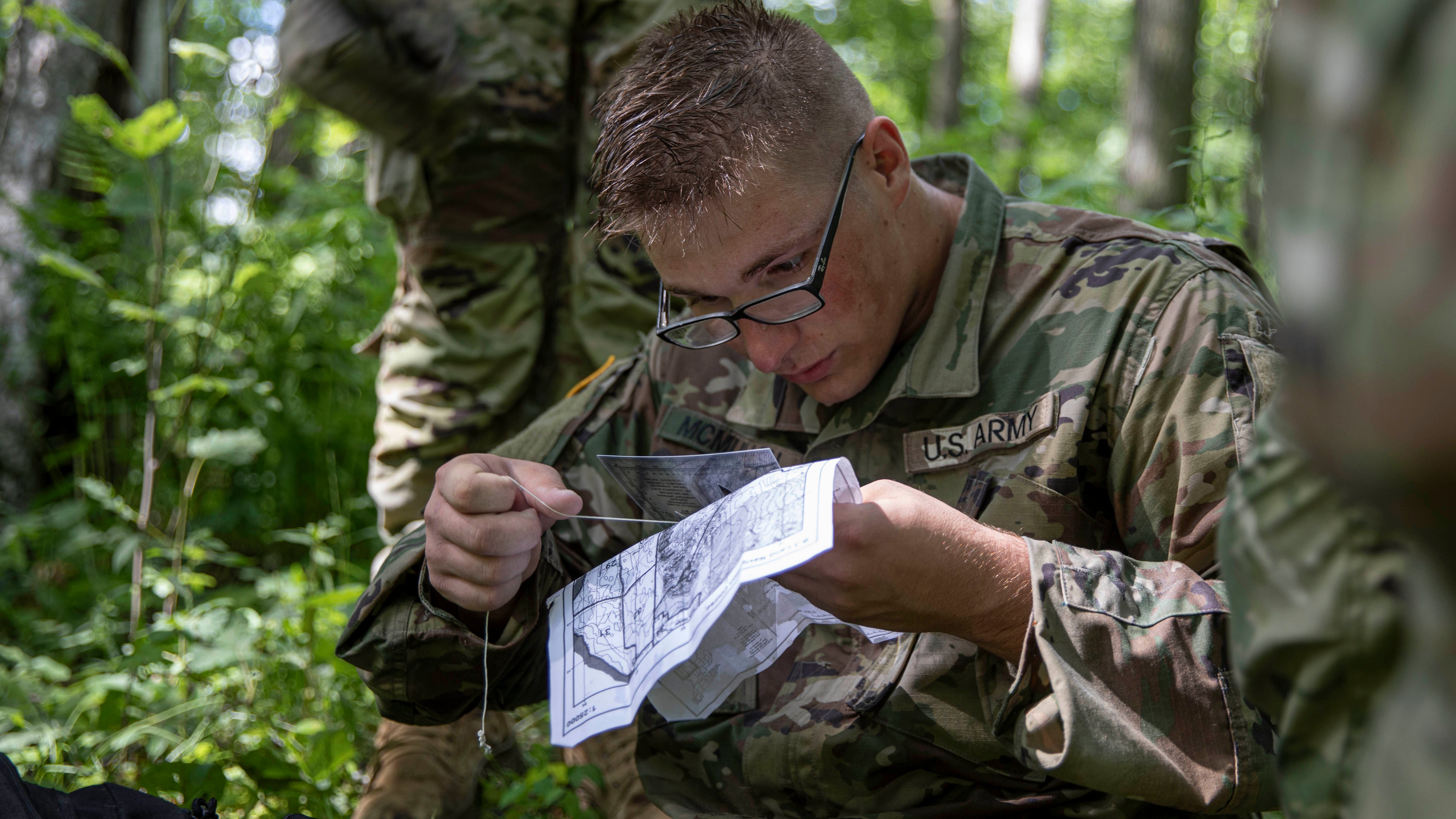 A soldier conducts land navigation training.