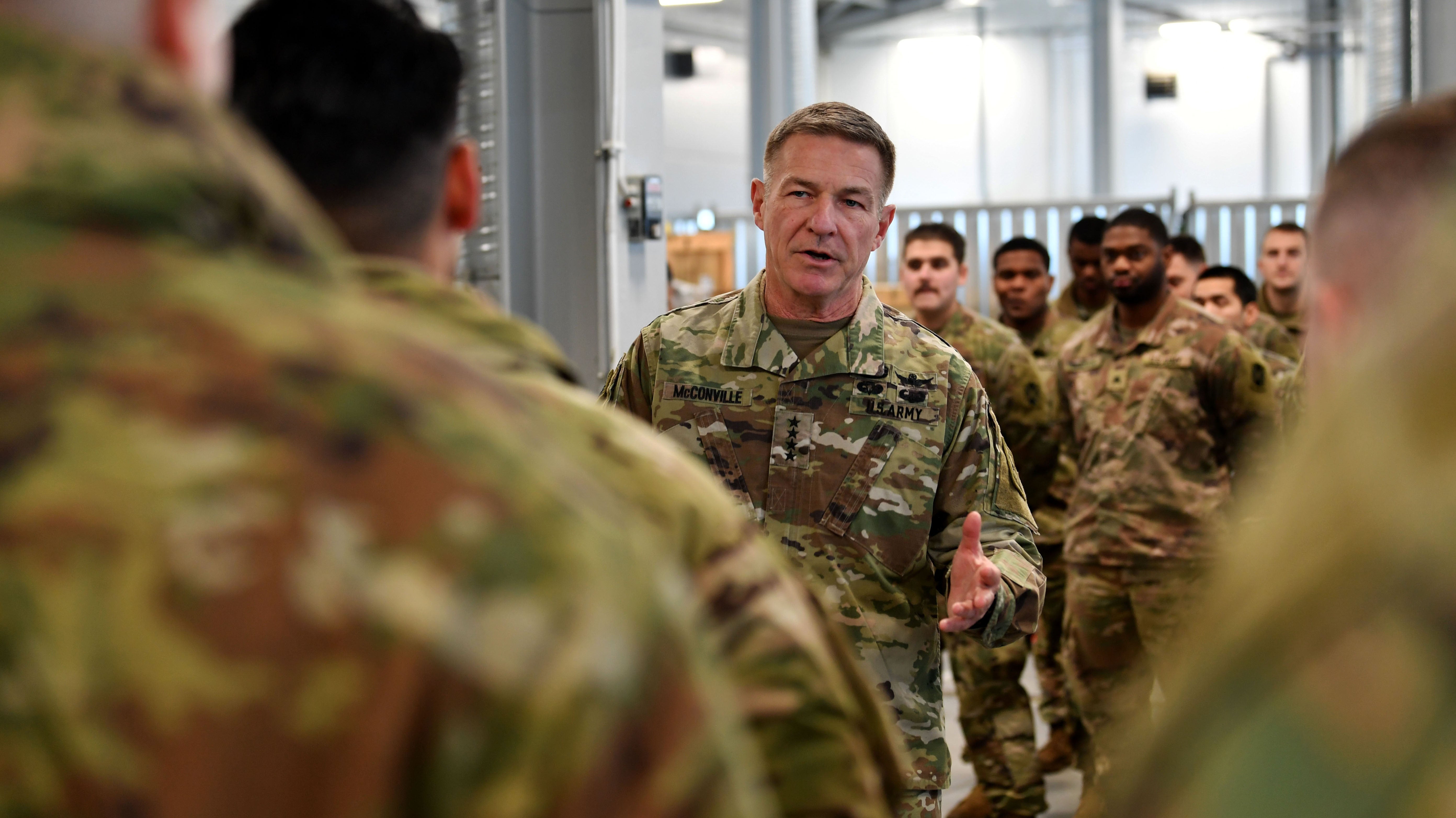 Army Chief of Staff Gen. James McConville meets with soldiers deployed to Poland.
