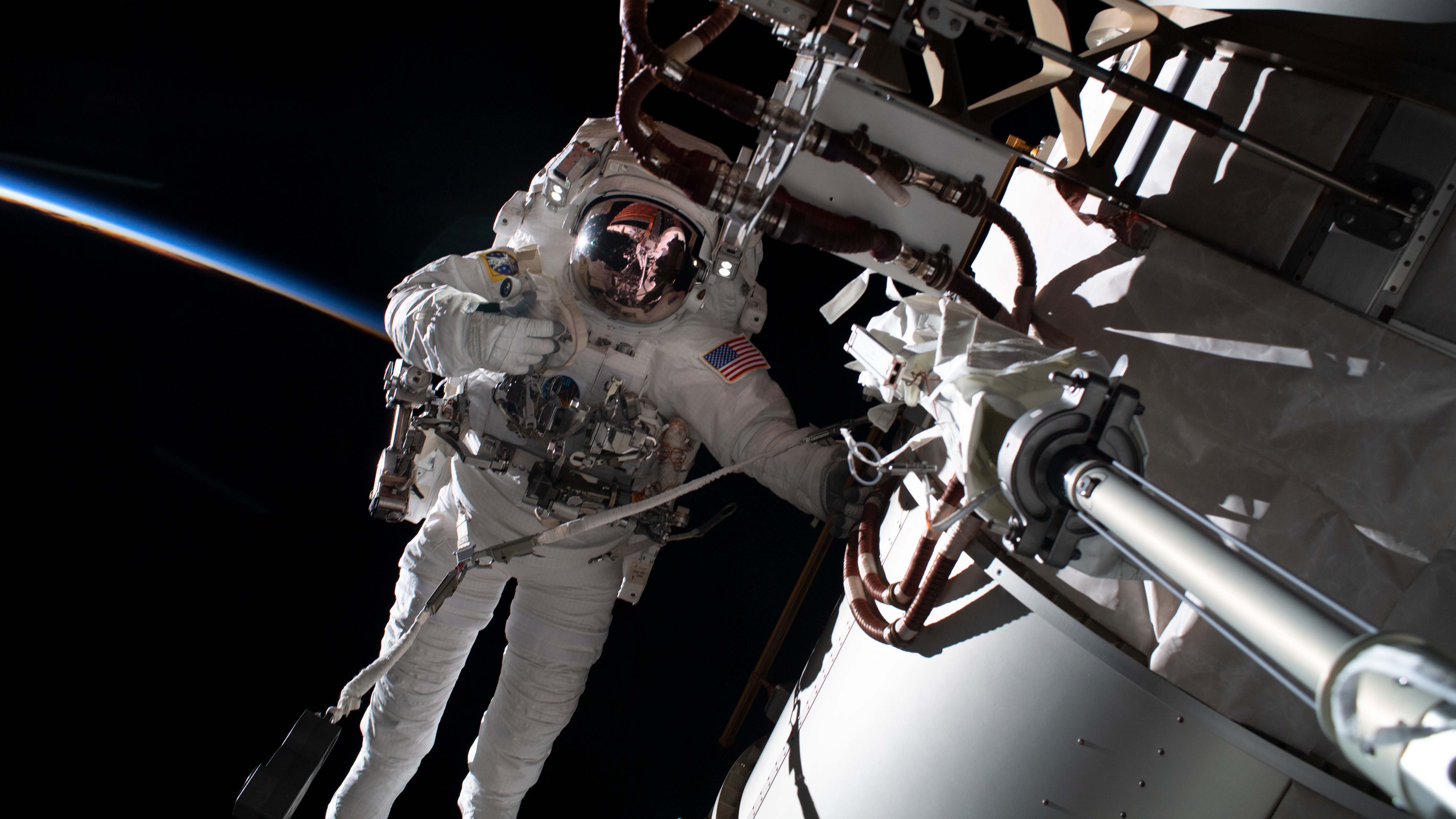Army Astronaut Lt. Col. (Dr.) Frank Rubio completes a spacewalk tethered to the International Space Station’s starboard truss structure, Nov. 15, 2022. (NASA photo)