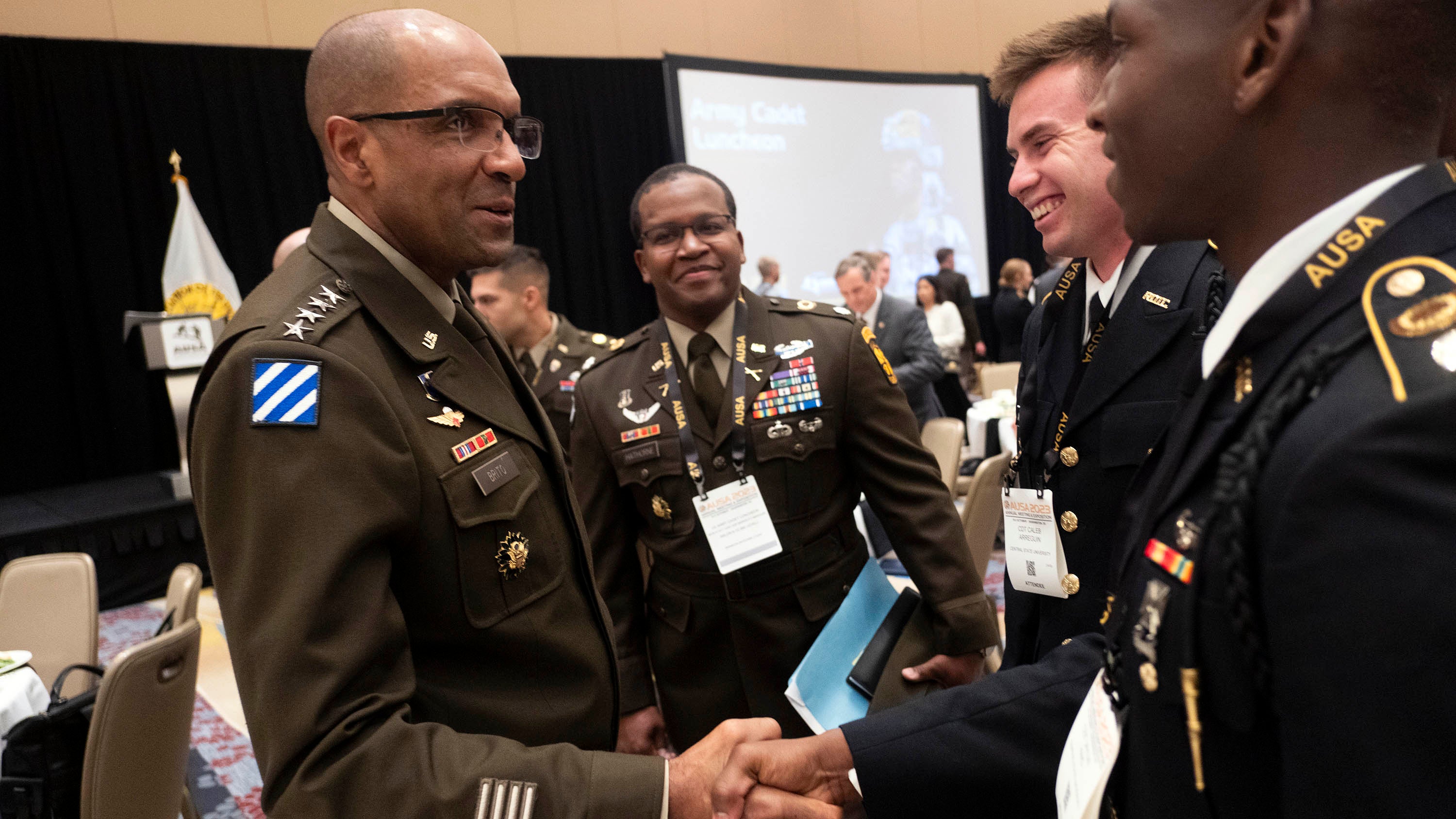 Gen. Gary Brito greets cadets at the Army Cadet Luncheon during the AUSA 2023 Annual Meeting in Washington, D.C., Monday, Oct. 9, 2023. (Pete Marovich for AUSA)