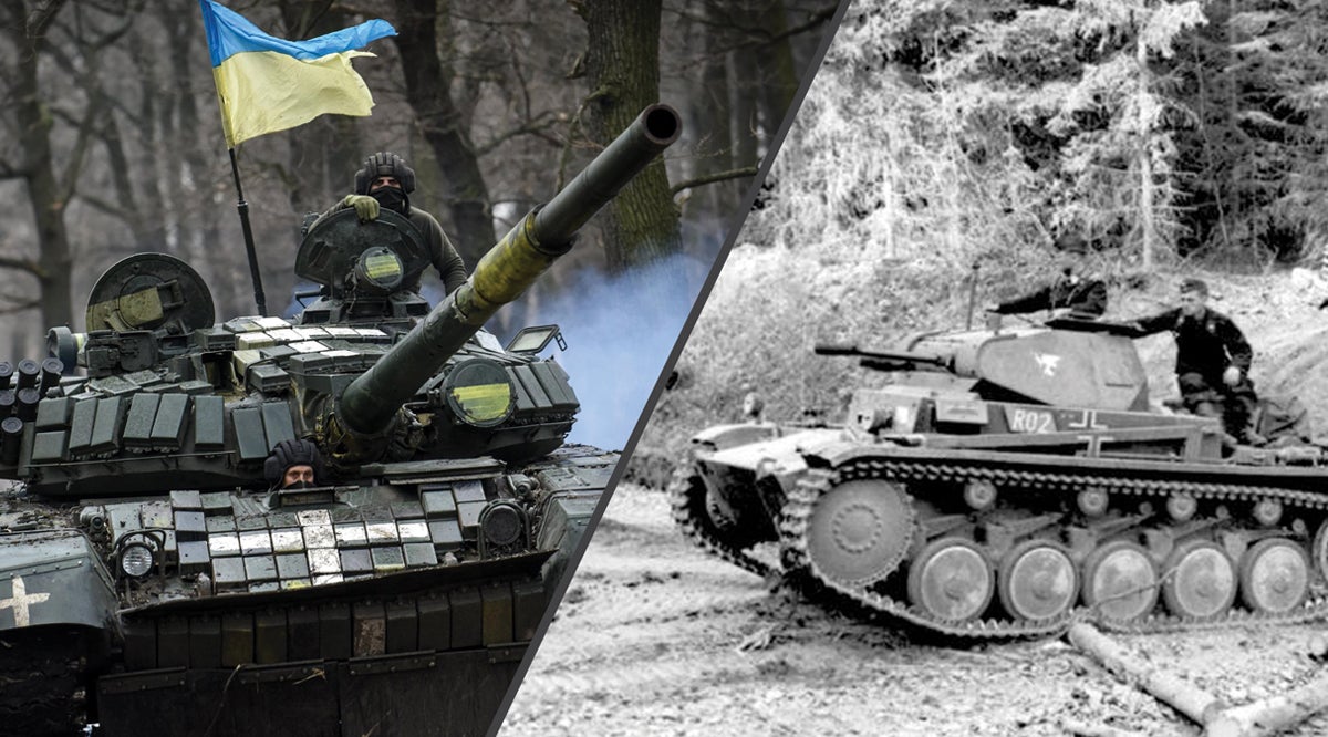 A split image showing a modern Ukrainian tank on the left and WW2 German Panzer tank on the right