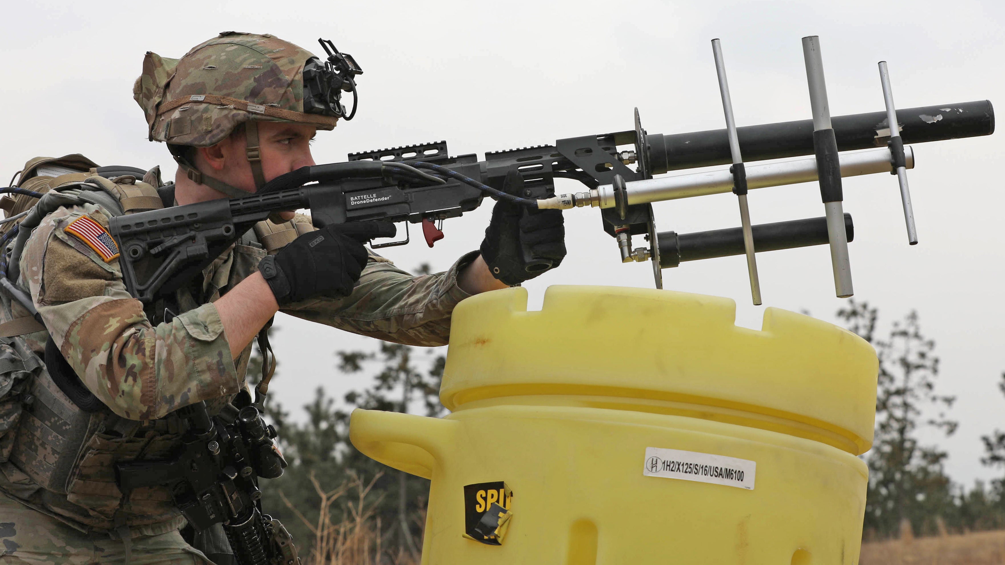 A soldier trains on a counter-drone weapon.