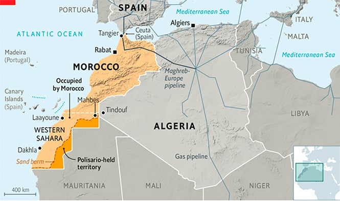 Map of northwest Africa focused on Algeria, Morocco and Western Sahara