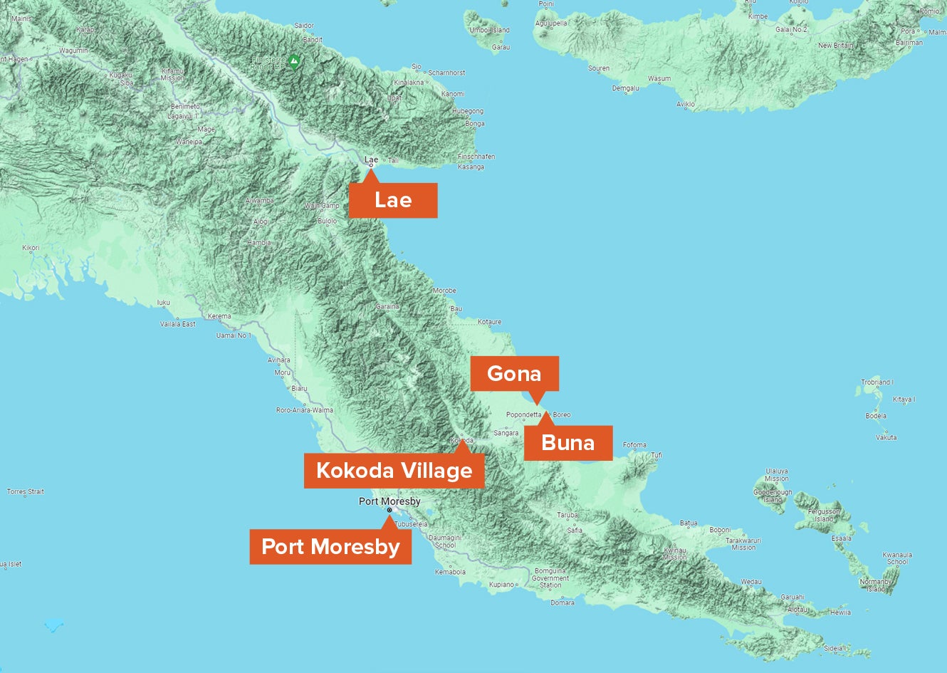 Geographic map of the southwestern tip of New Guinea island showing key towns