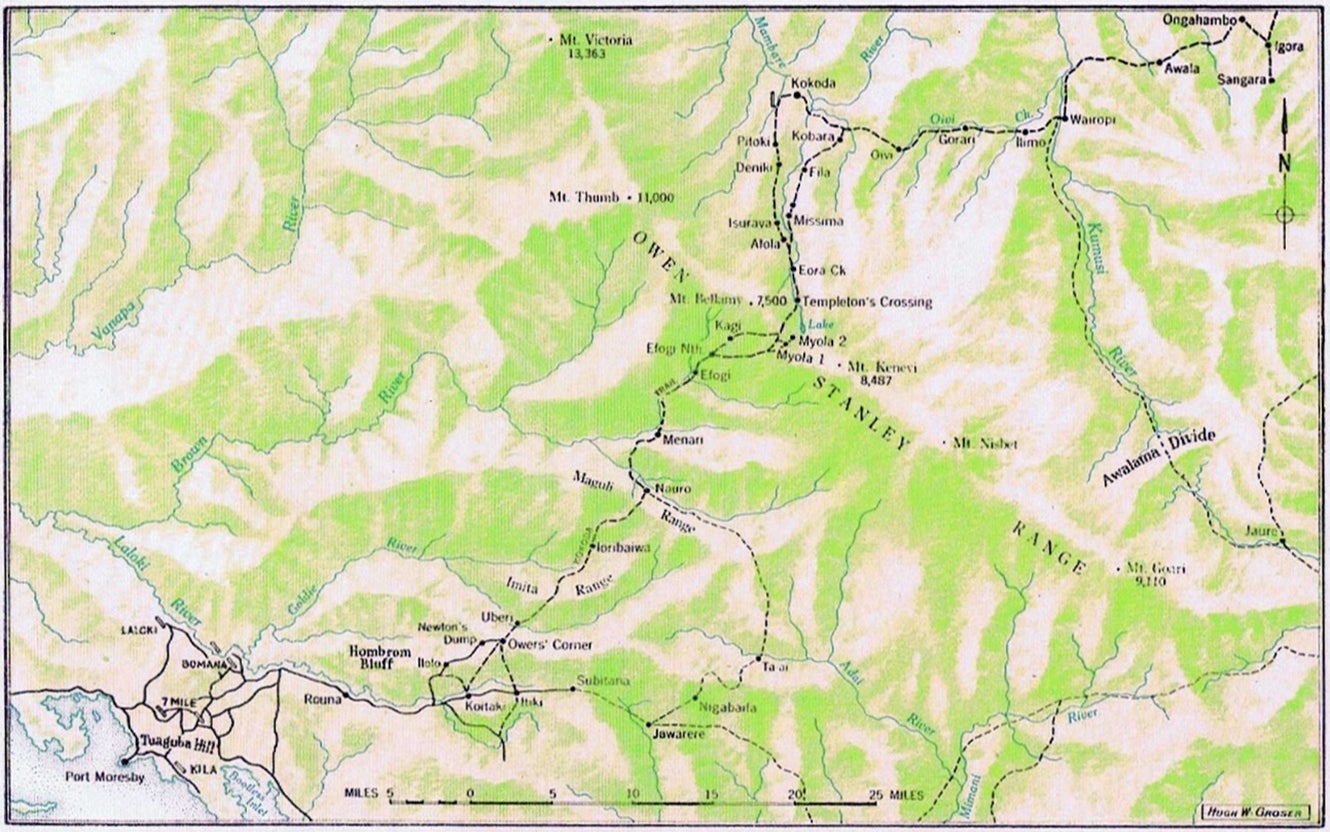 Period map showing the Kokoda Trail and terrain from Port Moresby to Kokoda with villages marked