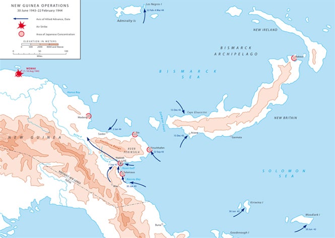 Colored map of the southwest New Guinea region and adjacent seas with arrows showing Allied landing areas