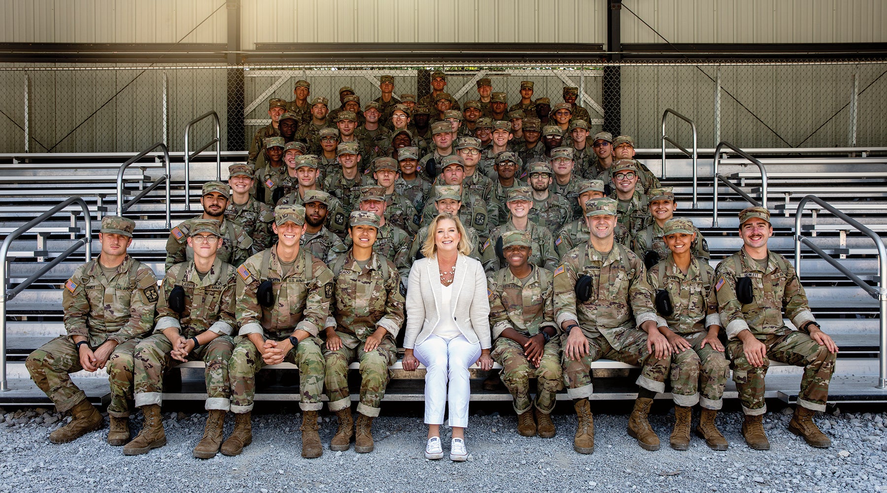 Army Secretary Christine Wormuth poses for a photo with cadets attending Cadet Summer Training during a visit to Fort Knox, Kentucky. (Credit: U.S. Army)