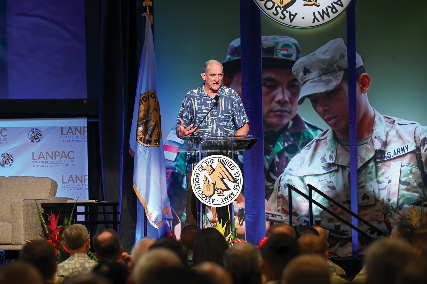 Association of the U.S. Army President and CEO retired Gen. Bob Brown addresses the audience at AUSA’s 2022 LANPAC Symposium and Exposition in Honolulu. (Credit: AUSA)