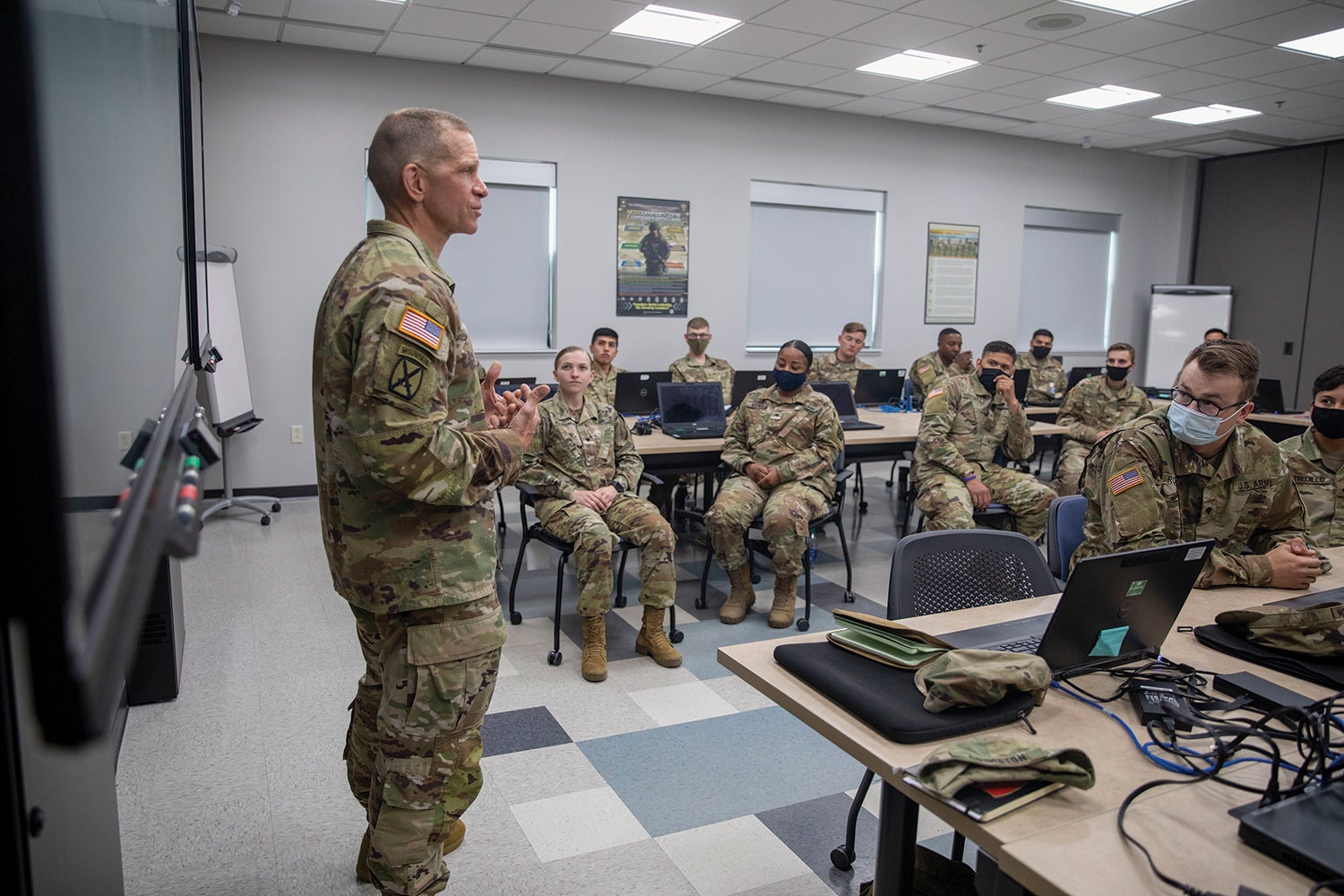 Grinston addresses soldiers at the NCO Academy at Fort Drum, New York. (Credit: U.S. Army/Spc. Josue Patricio)