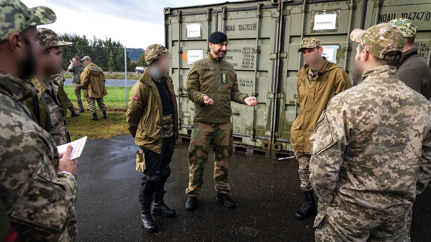 Norwegian Armed Forces Joint Medical Services instructors lead training near Trondheim, Norway, to help Ukrainian troops manage combat stress. The faces of Ukrainian participants are blurred to protect their identities. (Credit: Norwegian Home Guard/Kristian Kapelrud)