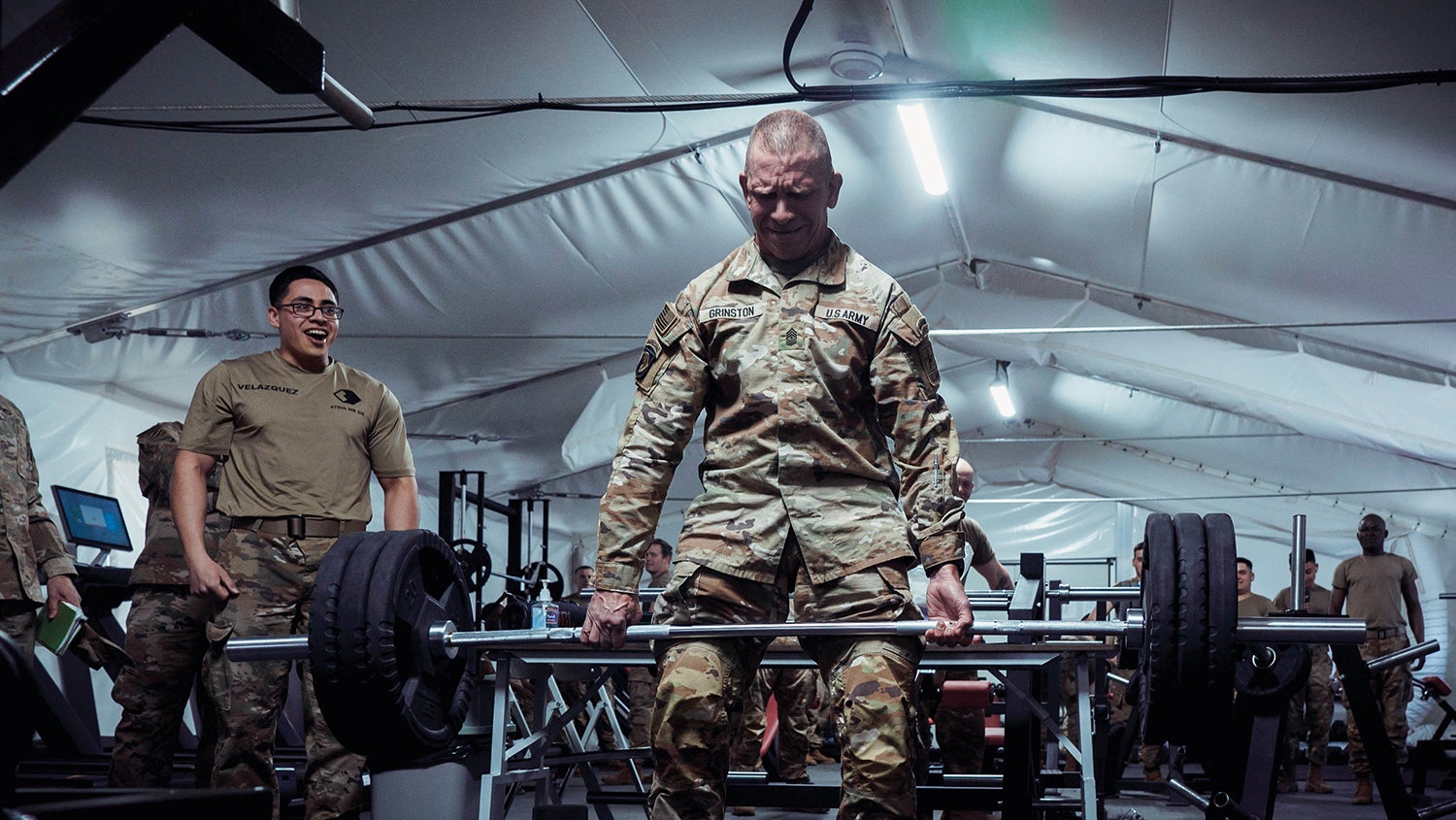 Sgt. Maj. of the Army Michael Grinston does some deadlifts during a visit to Camp Herkus, Lithuania. (Credit: U.S. Army)