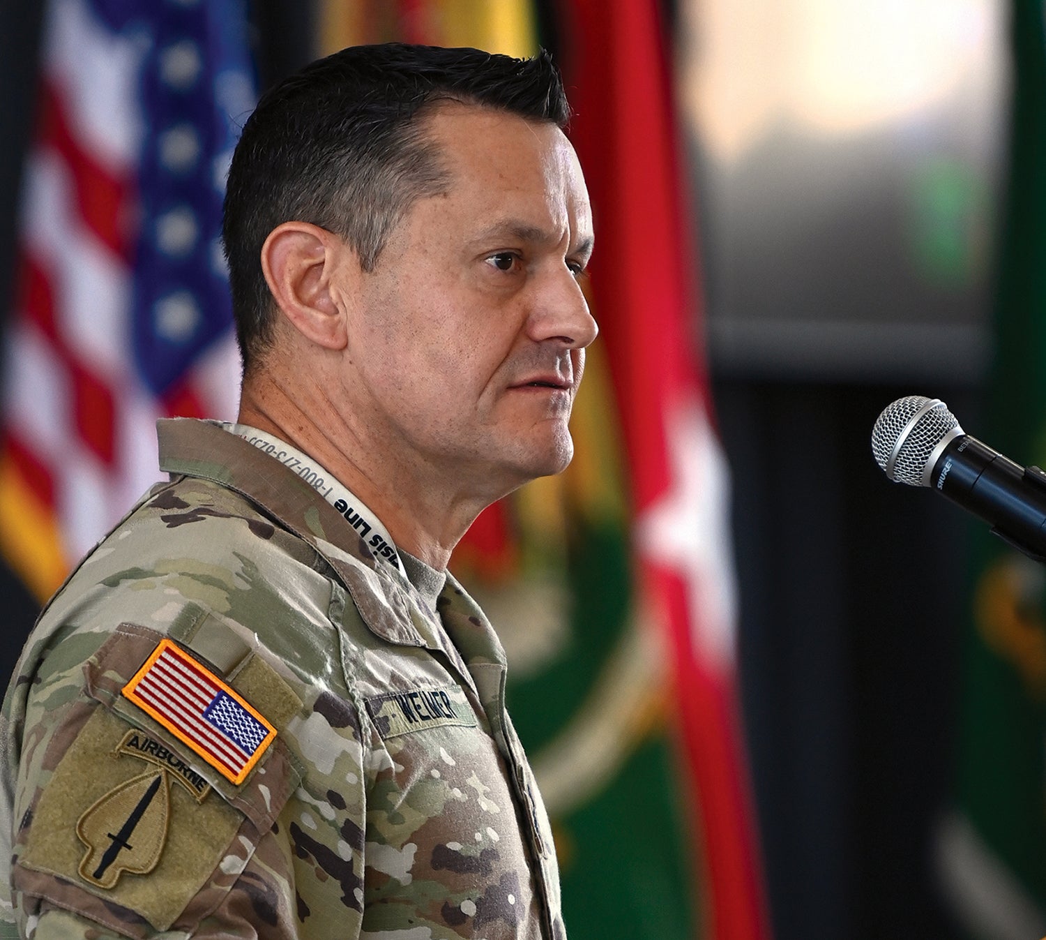 Then-Command Sgt. Maj. Michael Weimer, who was the senior enlisted leader of the U.S. Army Special Operations Command, speaks at Fort Bragg, North Carolina, now known as Fort Liberty, in August 2022. (Credit: U.S. Army/K. Kassens)