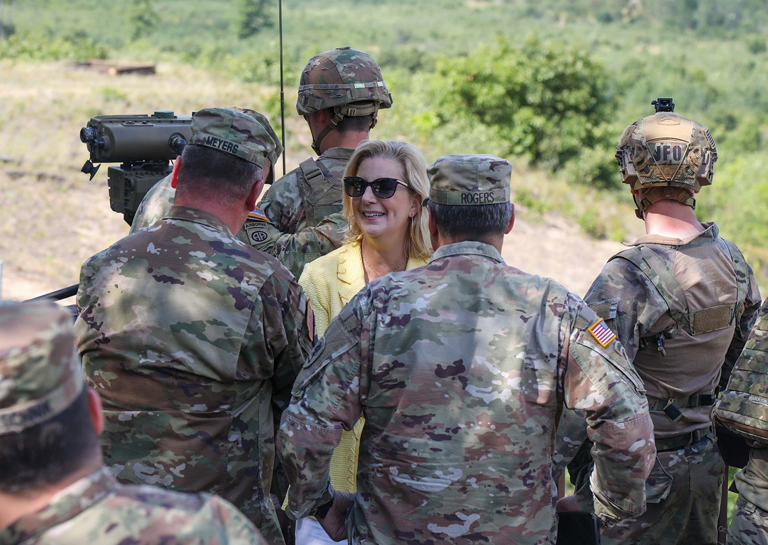 Army Secretary Christine Wormuth visits with National Guard soldiers during an exercise at the Camp Grayling Joint Maneuver Training Center, Michigan. (Credit: U.S. Army/Staff Sgt. Tae Harrison)