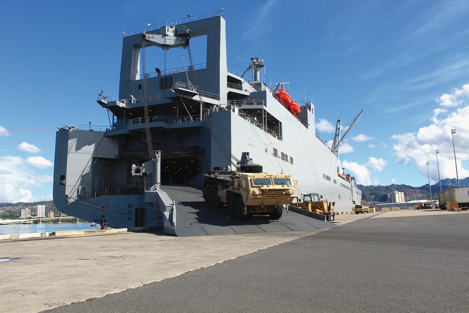 Army equipment is offloaded at Pearl Harbor, Hawaii. (Credit: U.S. Army/Alison Martinez)