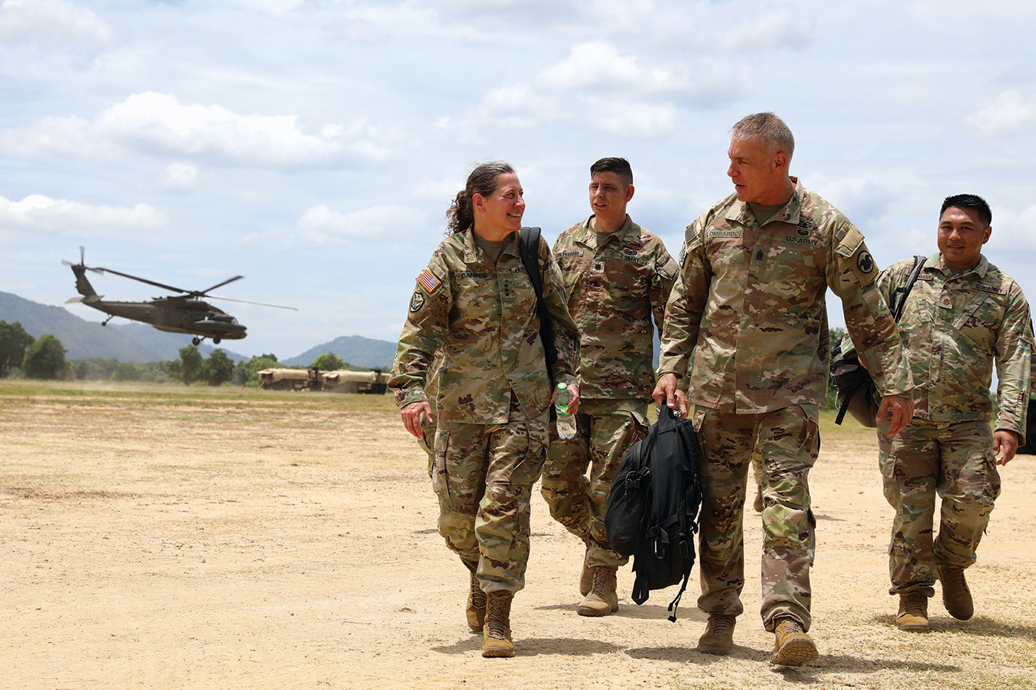 Lt. Gen. Jody Daniels, left, chief of the U.S. Army Reserve and commanding general of the U.S. Army Reserve Command, and her staff arrive to observe an exercise in Lop Buri, Thailand. (Credit: U.S. Army/Sgt. 1st Class Joseph VonNida)