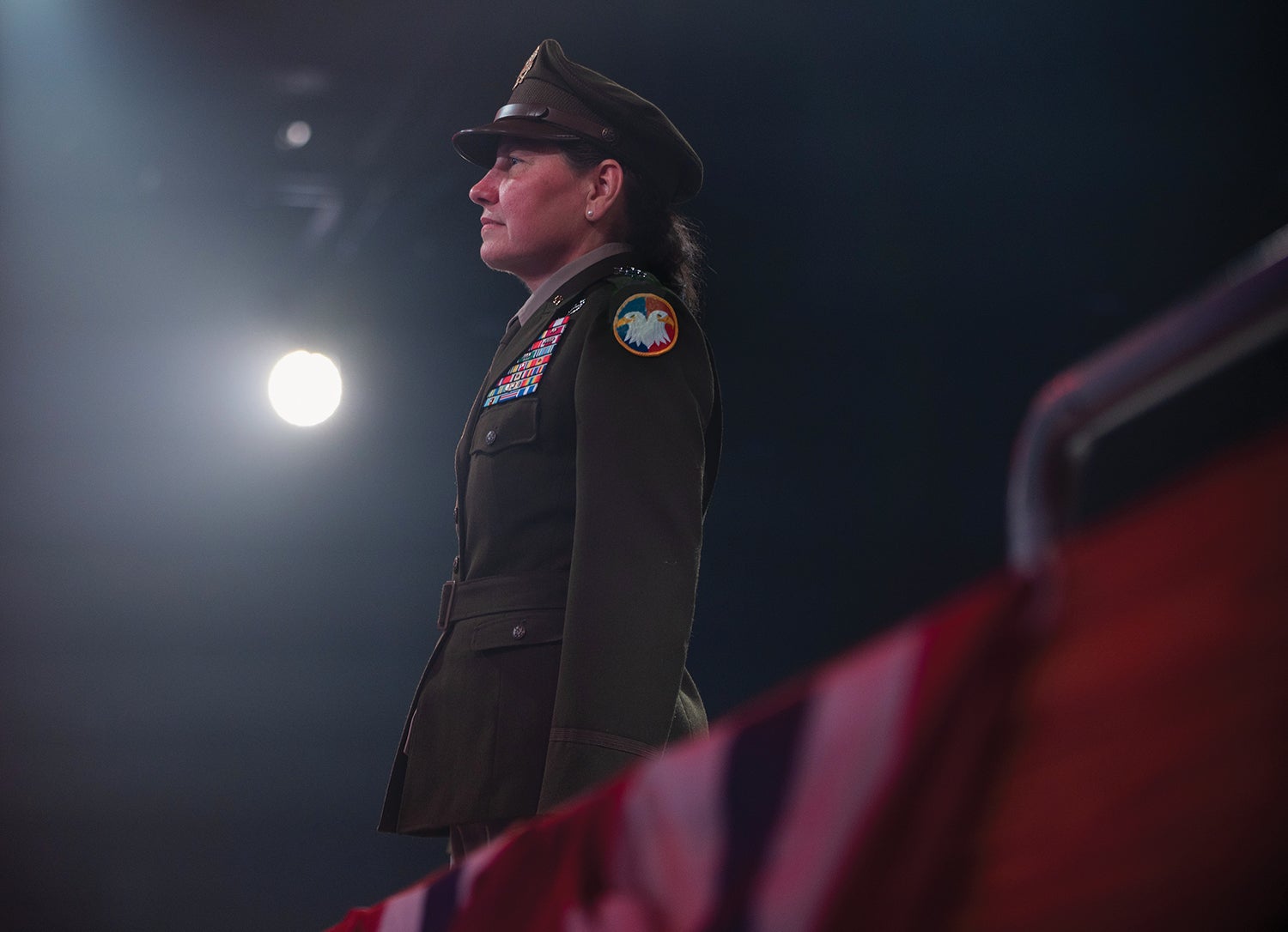 Lt. Gen. Jody Daniels, chief of the U.S. Army Reserve and commander of the U.S. Army Reserve Command, hosts an Army Twilight Tattoo performance at Joint Base Myer-Henderson Hall, Virginia. (Credit: U.S. Army Reserve/Sgt. Maria Casneiro)