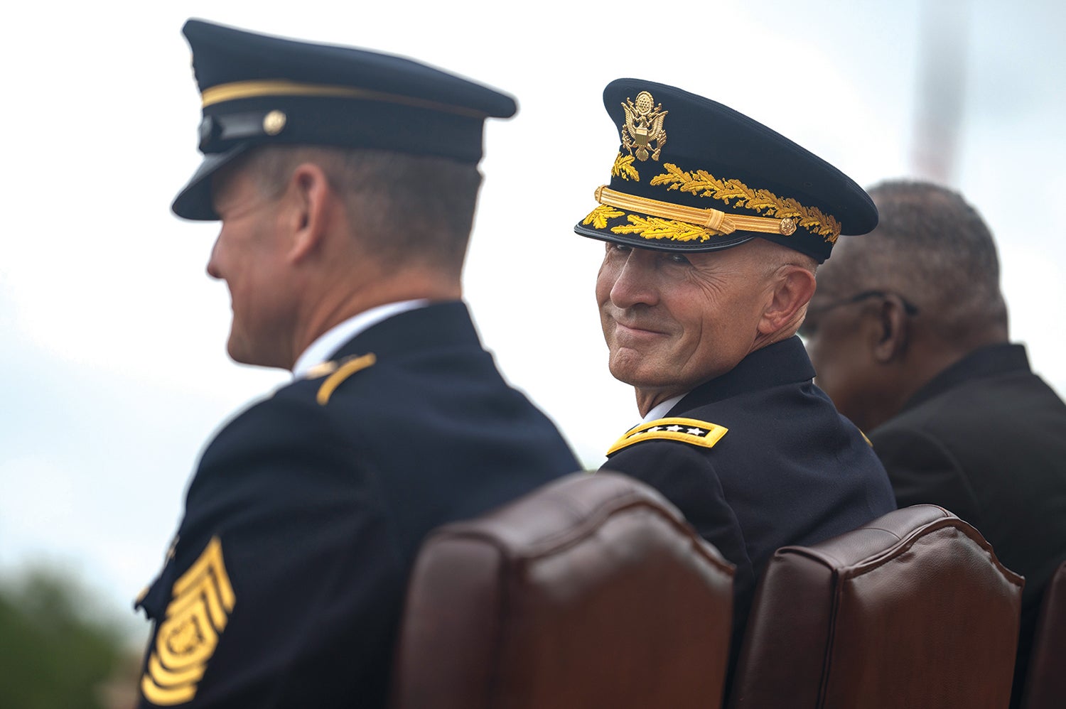 Army Vice Chief of Staff Gen. Randy George smiles during the chief of staff of the Army relinquishment of responsibility and sergeant major of the Army change of responsibility ceremony Aug. 4 at Joint Base Myer-Henderson Hall, Virginia. (Credit: U.S. Army/Bernardo Fuller)