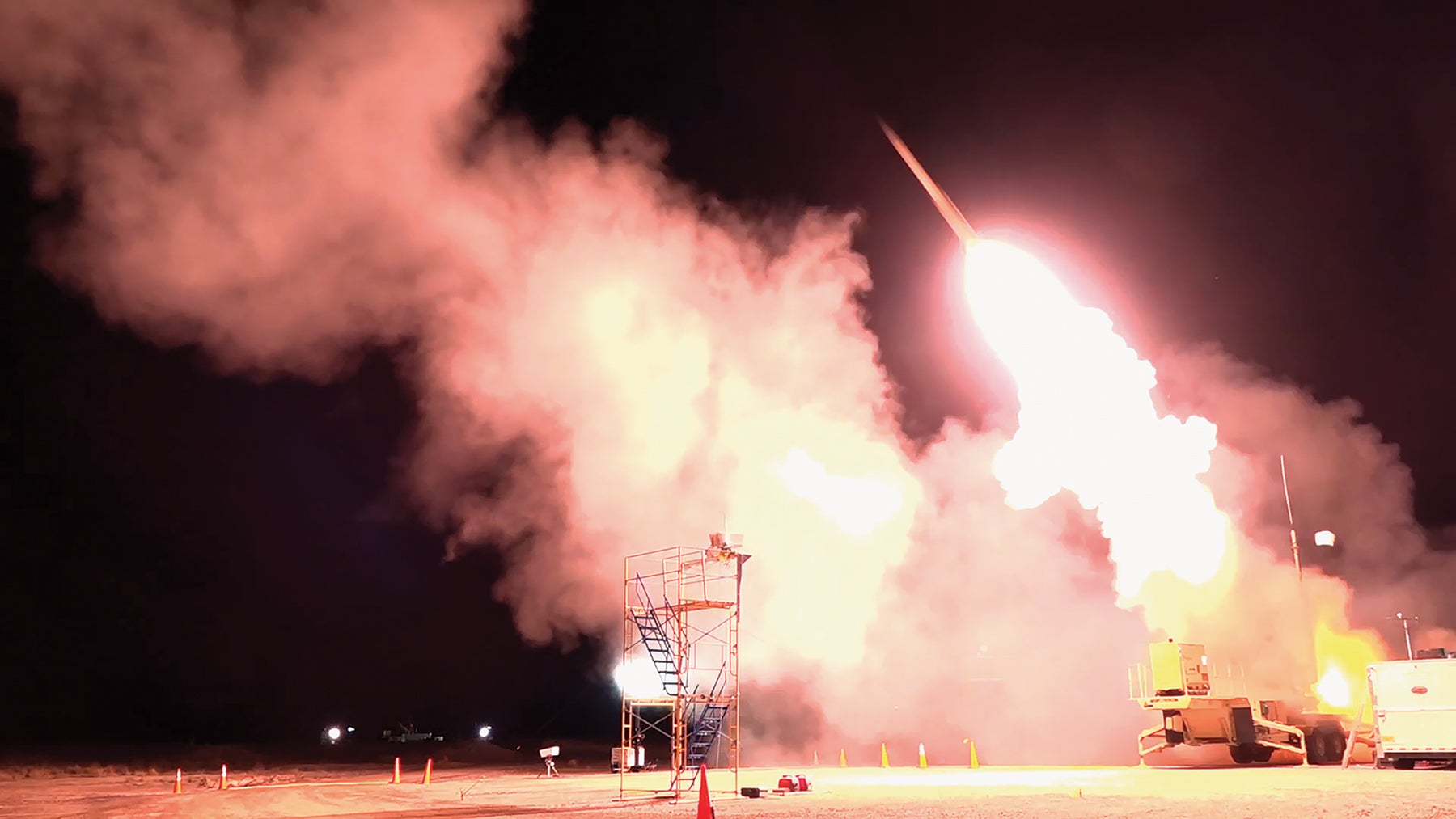The Missile Defense Agency, in partnership with the U.S. Army Space and Missile Defense Command and other organizations, conducts a flight test of the Terminal High Altitude Area Defense weapon system at White Sands Missile Range, New Mexico. (Credit: DoD)